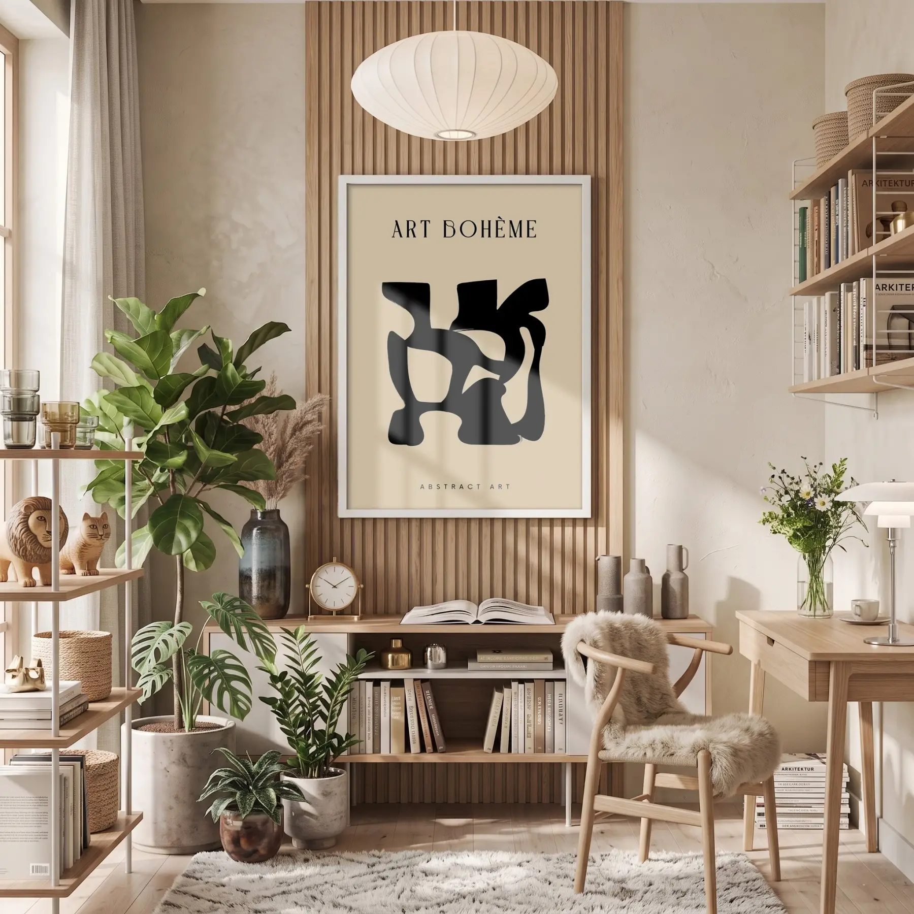 Siyah Soyut Bohem Form Beyaz Ahşap Çerçeveli Tablo Oturma Odası Duvar Dekoru Poster