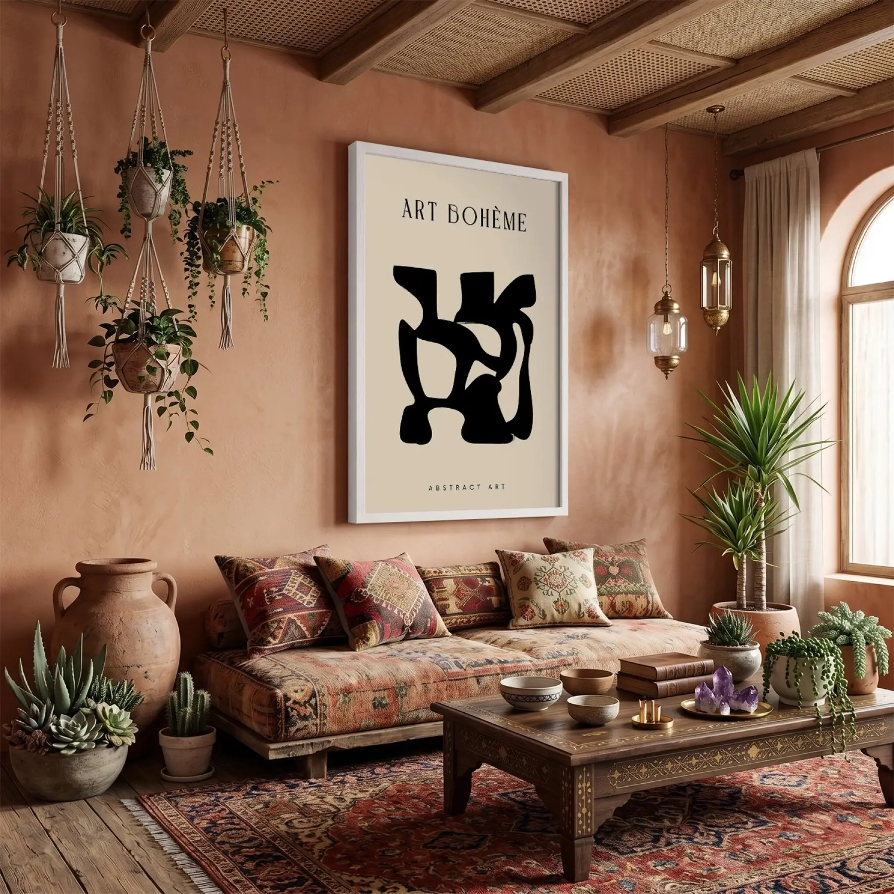 Siyah Soyut Bohem Form Beyaz Ahşap Çerçeveli Tablo Oturma Odası Duvar Dekoru Poster