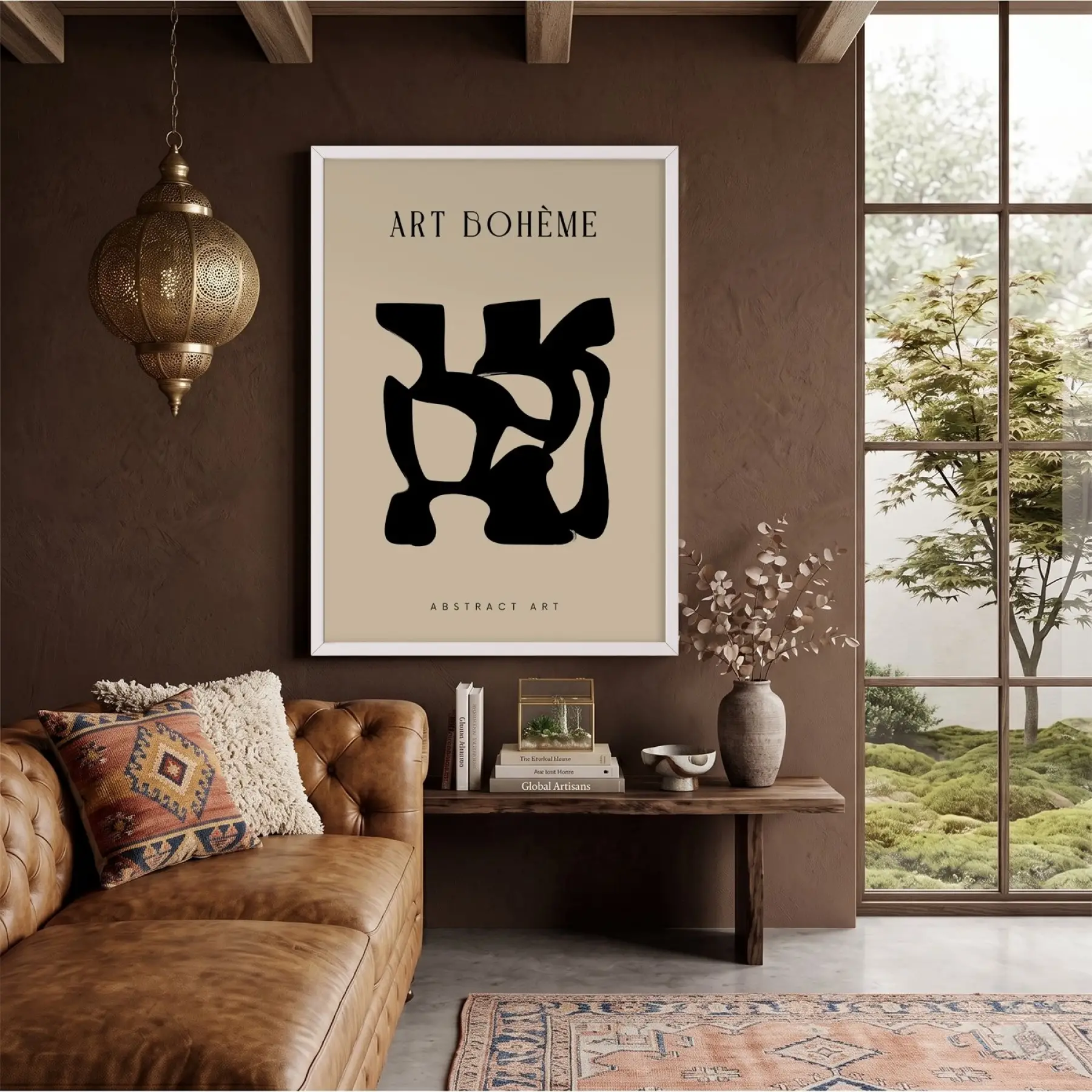 Siyah Soyut Bohem Form Beyaz Ahşap Çerçeveli Tablo Oturma Odası Duvar Dekoru Poster