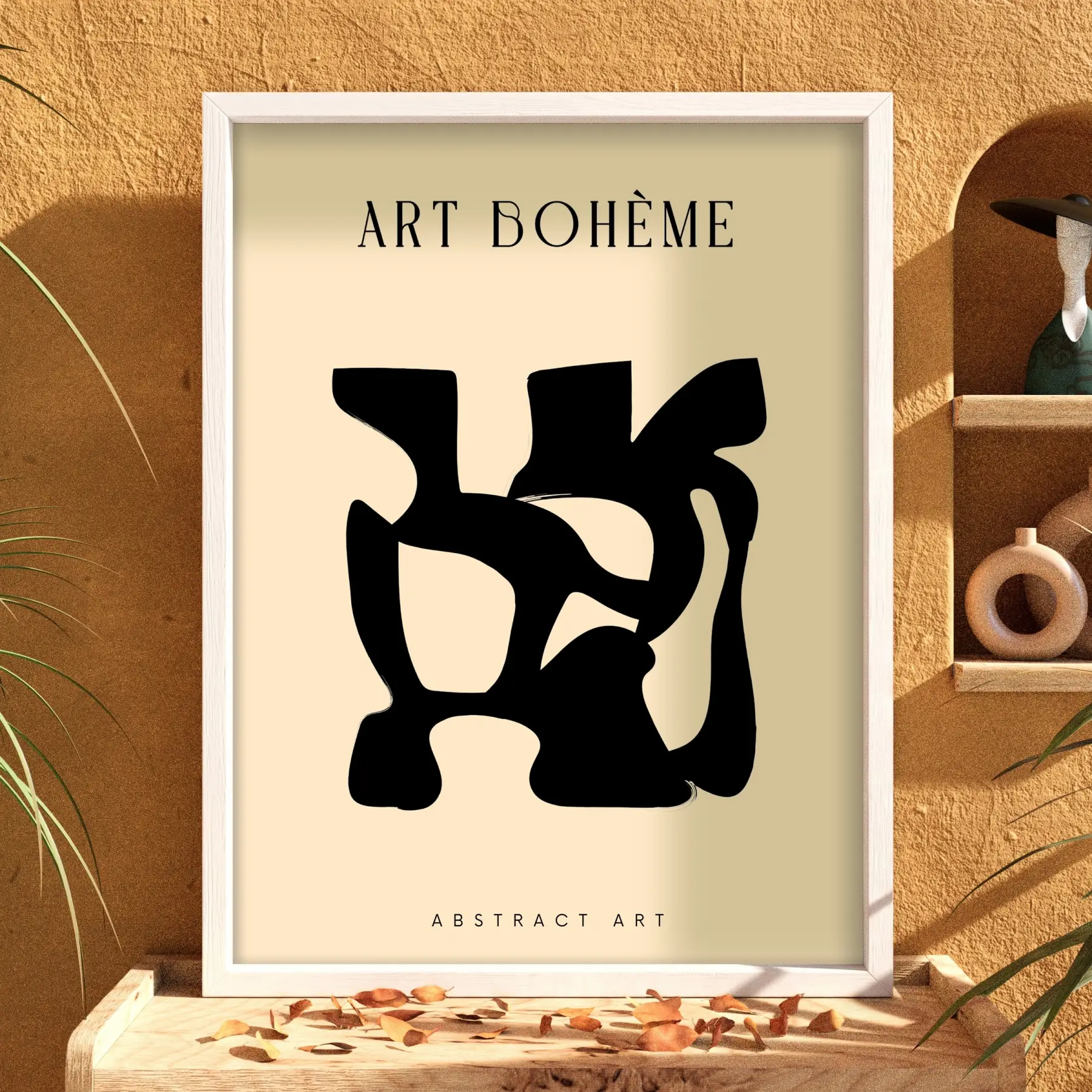 Siyah Soyut Bohem Form Beyaz Ahşap Çerçeveli Tablo Oturma Odası Duvar Dekoru Poster