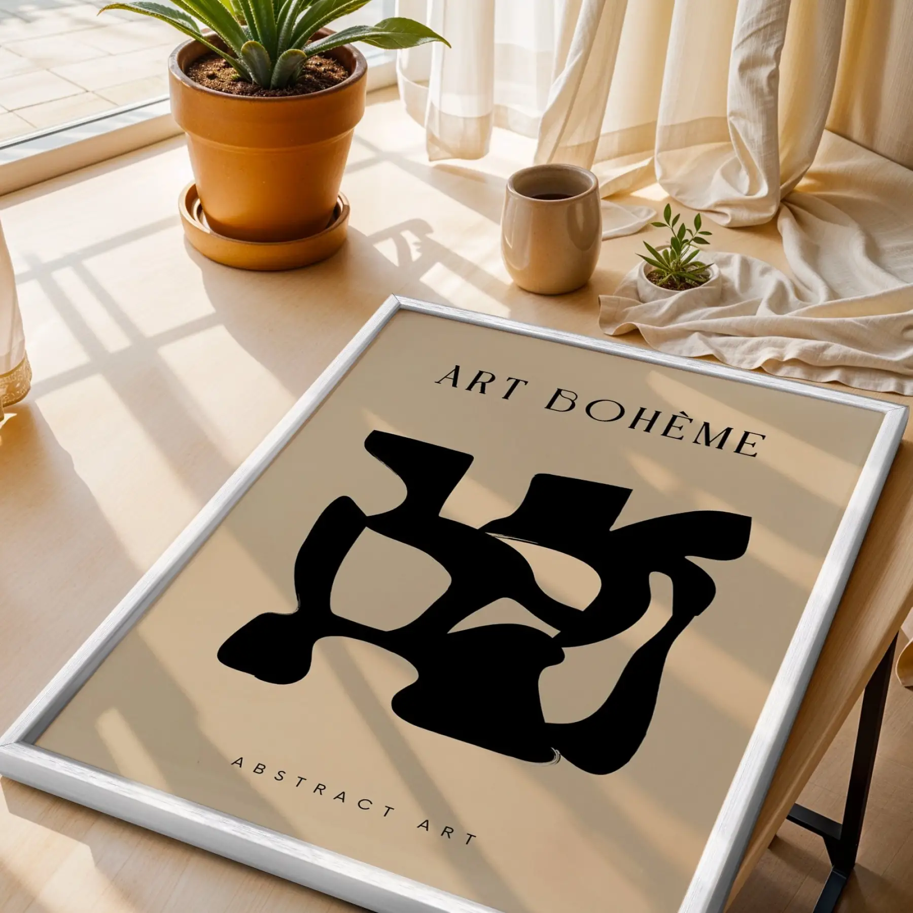 Siyah Soyut Bohem Form Beyaz Ahşap Çerçeveli Tablo Oturma Odası Duvar Dekoru Poster