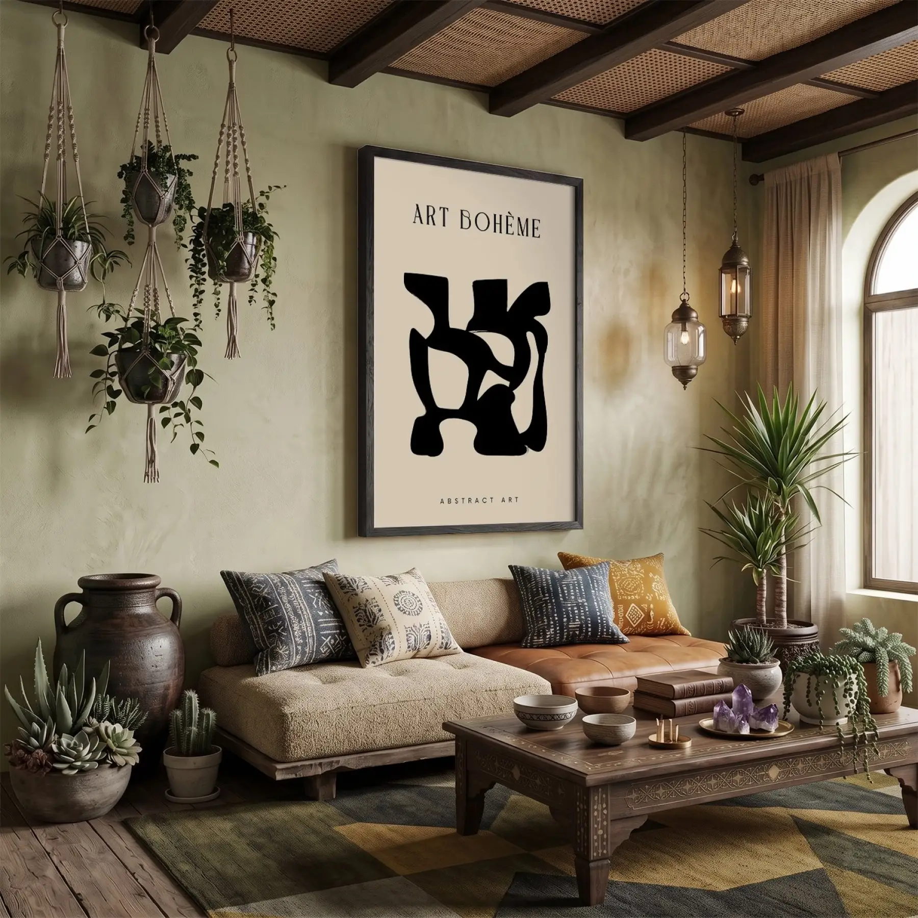 Siyah Soyut Bohem Form Ahşap Çerçeveli Tablo Obje Ev Aksesuarları Modern Sanat İç