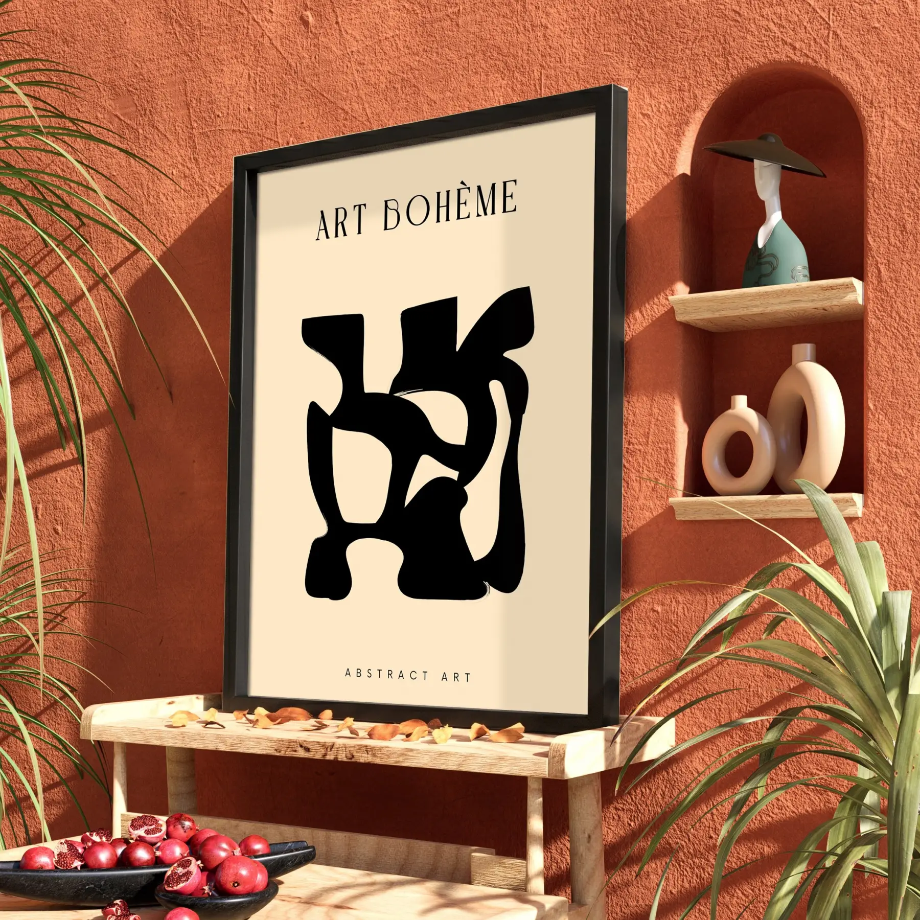 Siyah Soyut Bohem Form Ahşap Çerçeveli Tablo Obje Ev Aksesuarları Modern Sanat İç