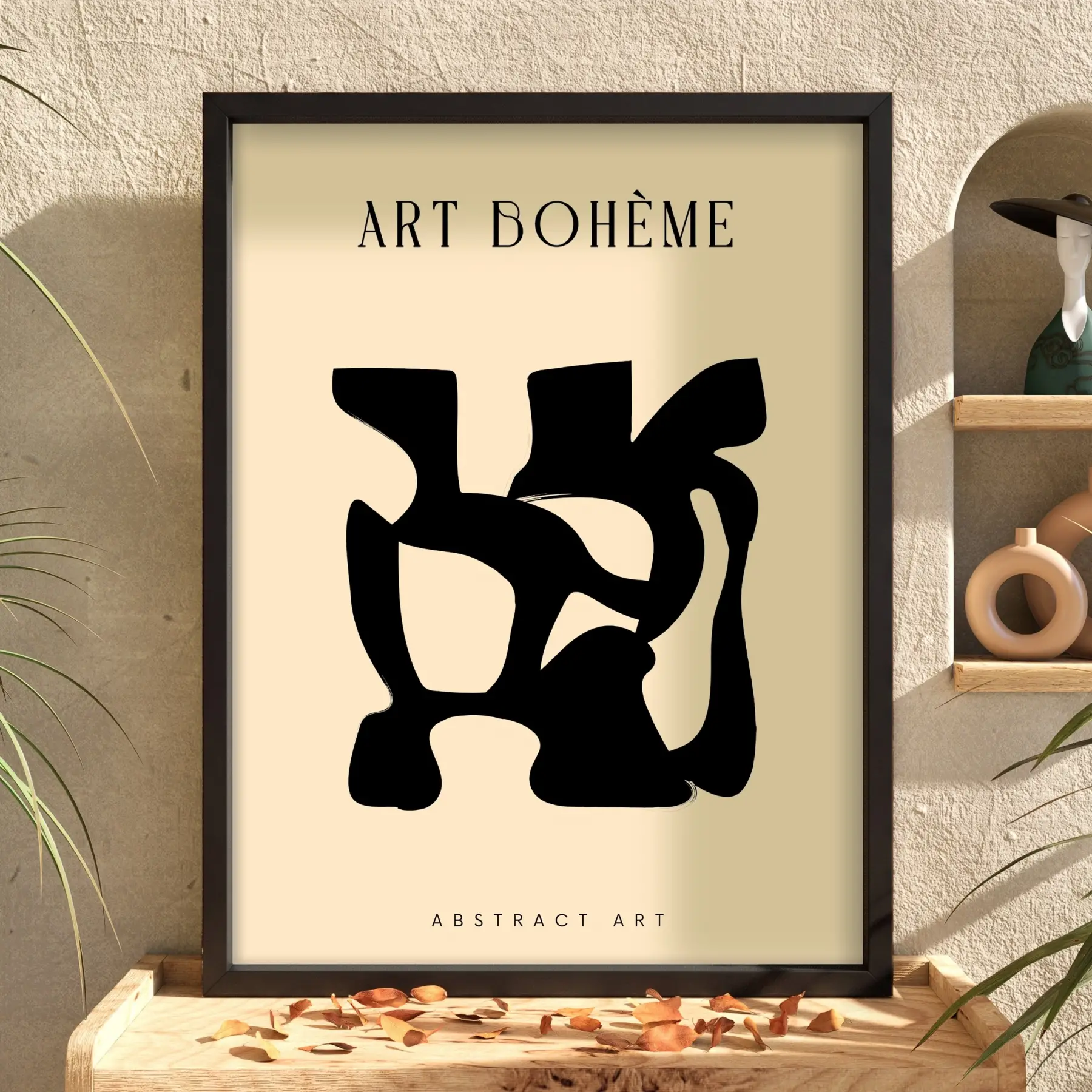 Siyah Soyut Bohem Form Ahşap Çerçeveli Tablo Obje Ev Aksesuarları Modern Sanat İç