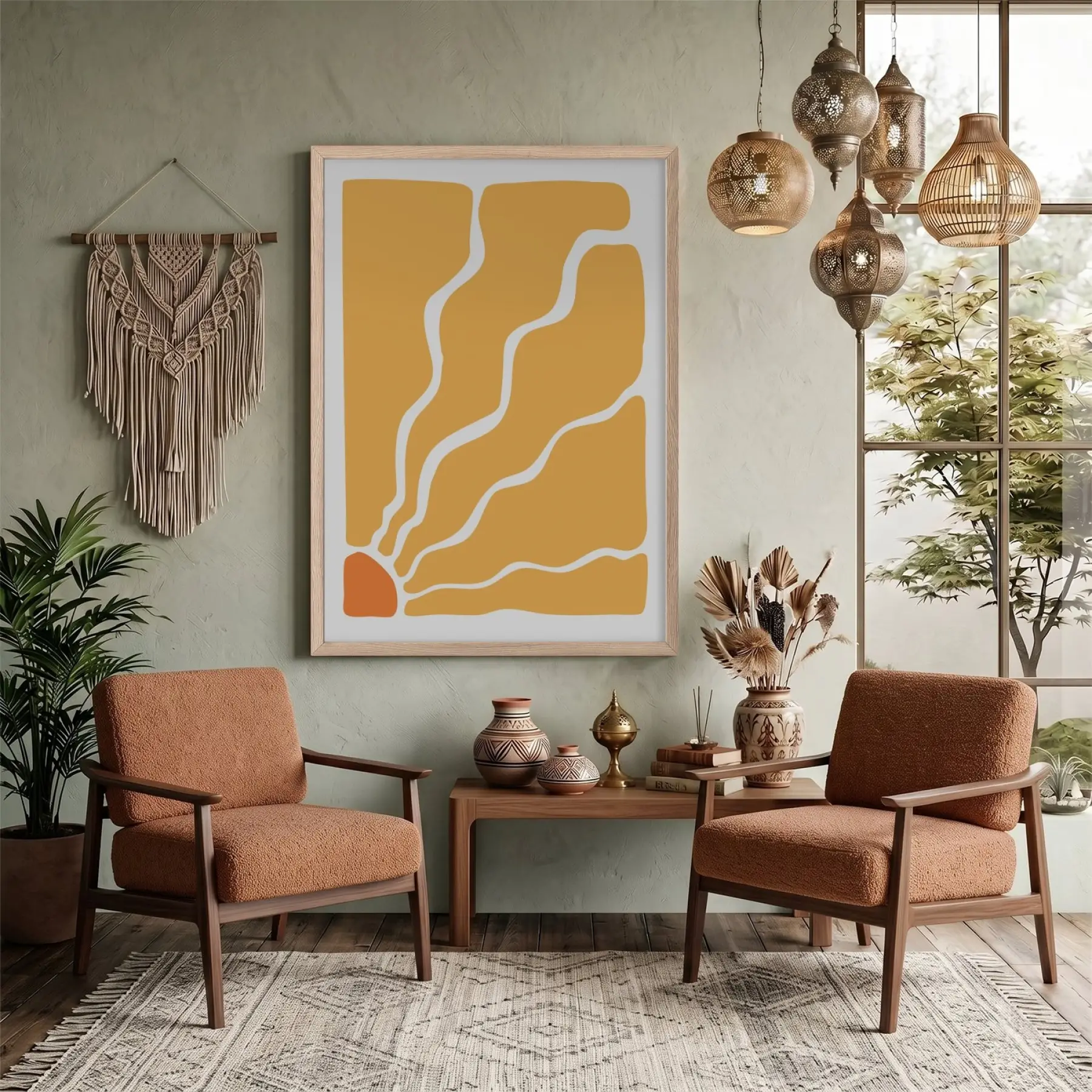 Soyut Güneş Dalgaları Doğal Ahşap Çerçeveli Tablo Modern Sanat İç Mekan Yatak Koridor