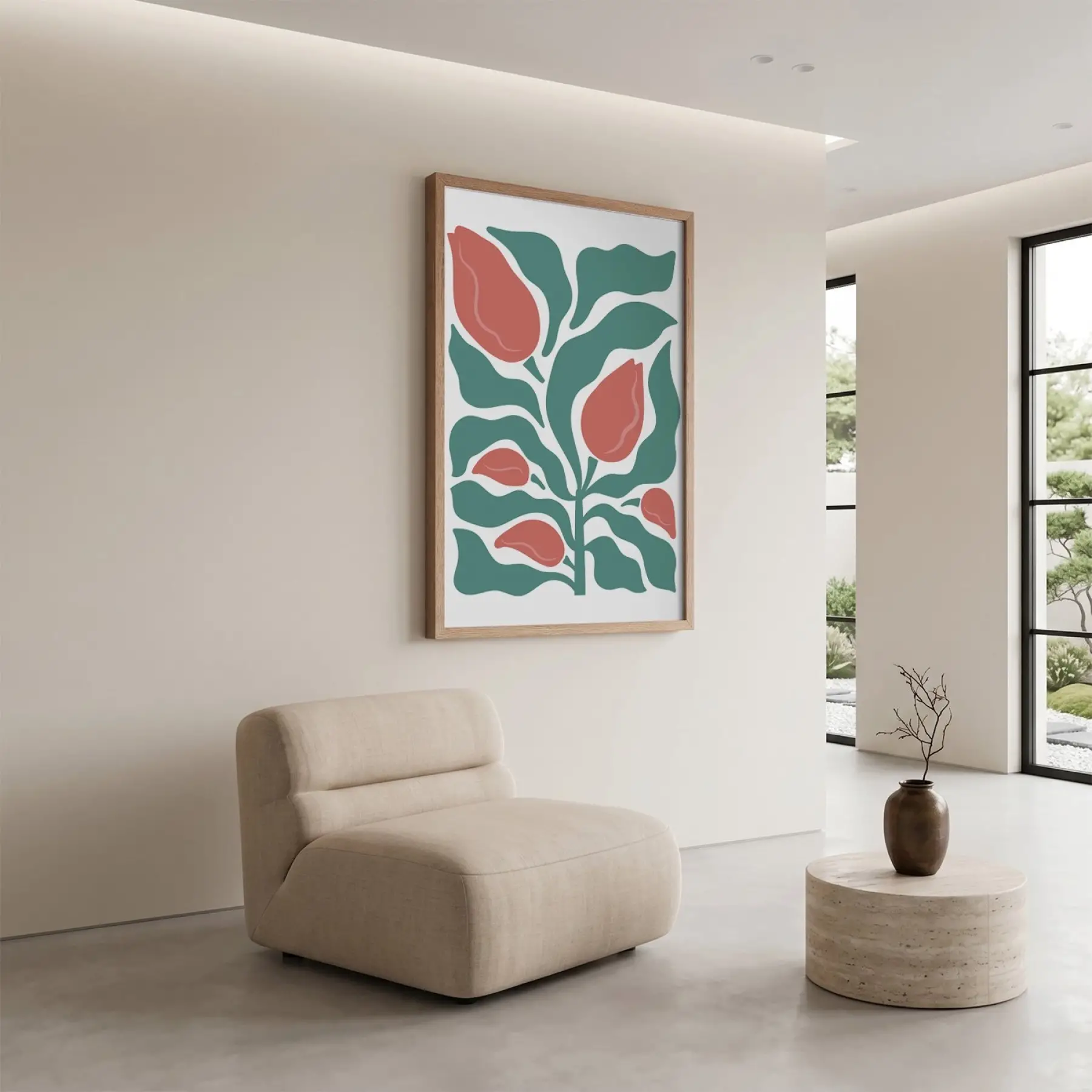 Mercan Çiçekli Modern Bitki Doğal Ahşap Çerçeveli Tablo Bohem Sanat İç Mekan Yatak