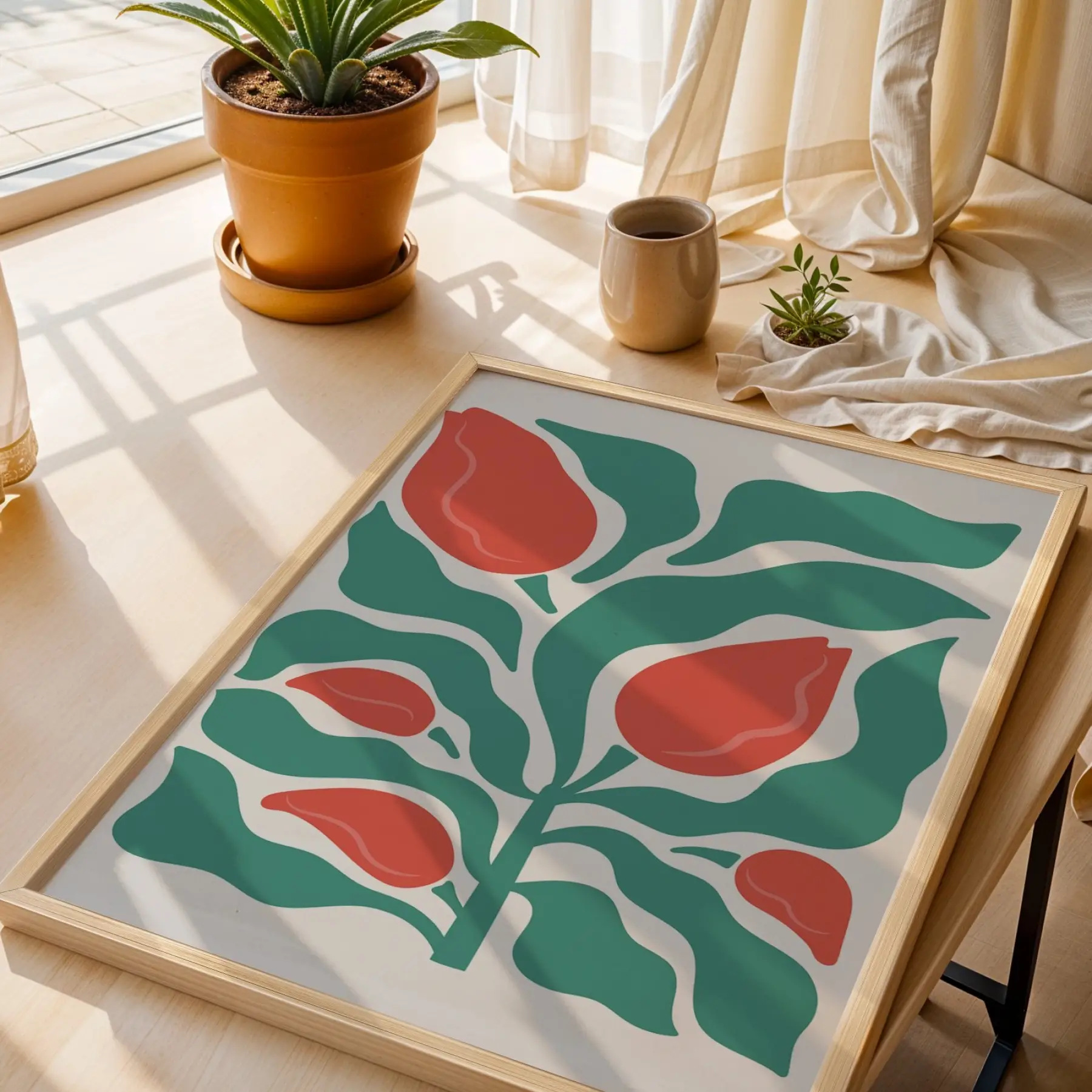 Mercan Çiçekli Modern Bitki Doğal Ahşap Çerçeveli Tablo Bohem Sanat İç Mekan Yatak