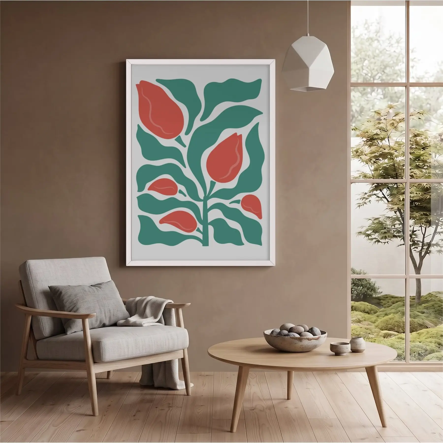 Mercan Çiçekli Modern Bitki Beyaz Ahşap Çerçeveli Tablo Bohem Dekoratif Obje Ev Aksesuarları