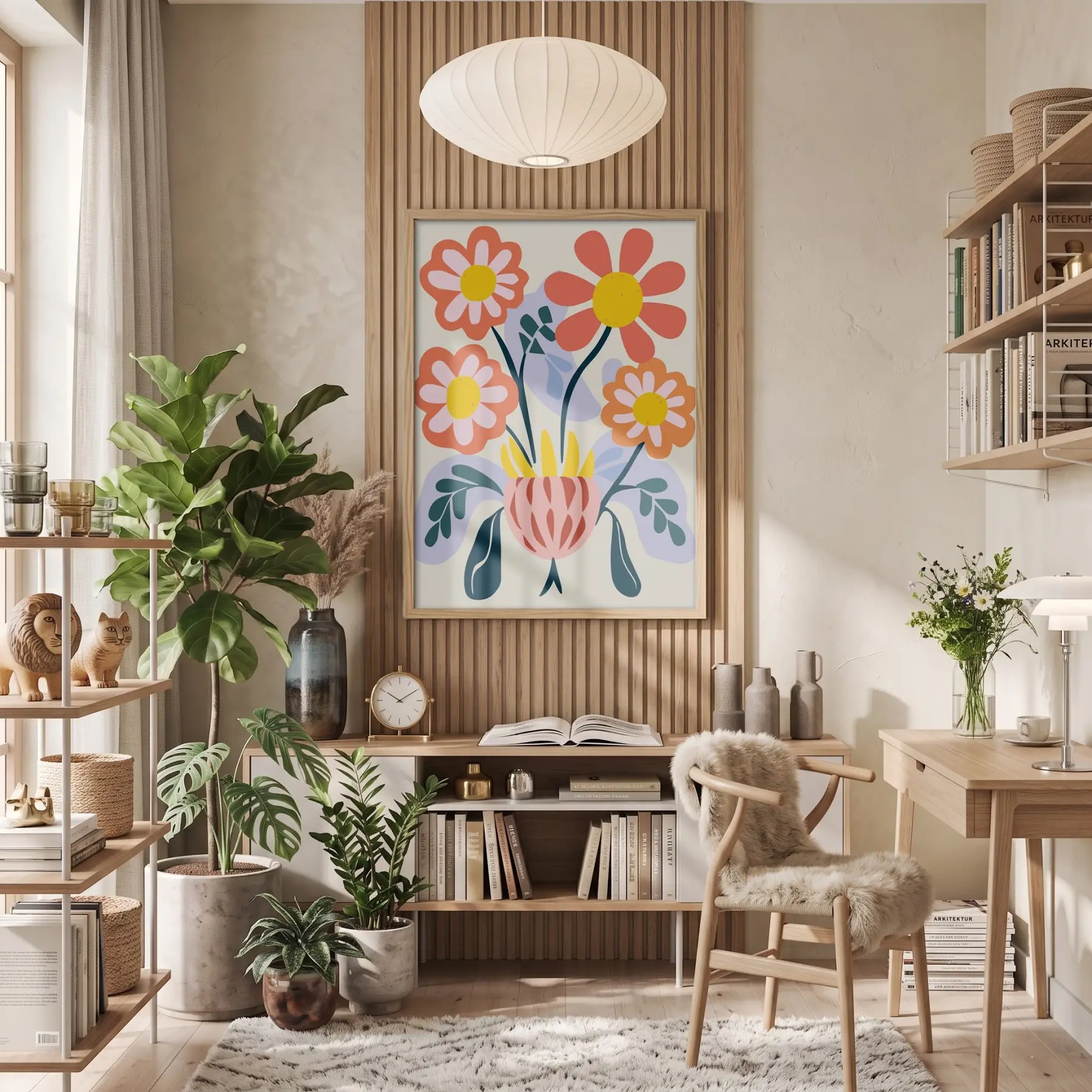 Modern Pastel Çiçekler Doğal Ahşap Çerçeveli Tablo Bohem Sanat İç Mekan Yatak Koridor