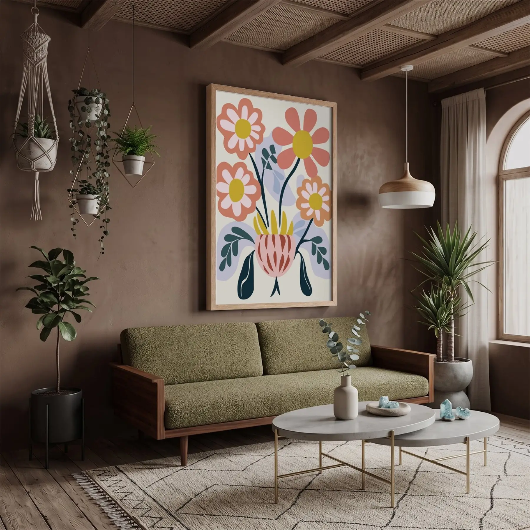 Modern Pastel Çiçekler Doğal Ahşap Çerçeveli Tablo Bohem Sanat İç Mekan Yatak Koridor