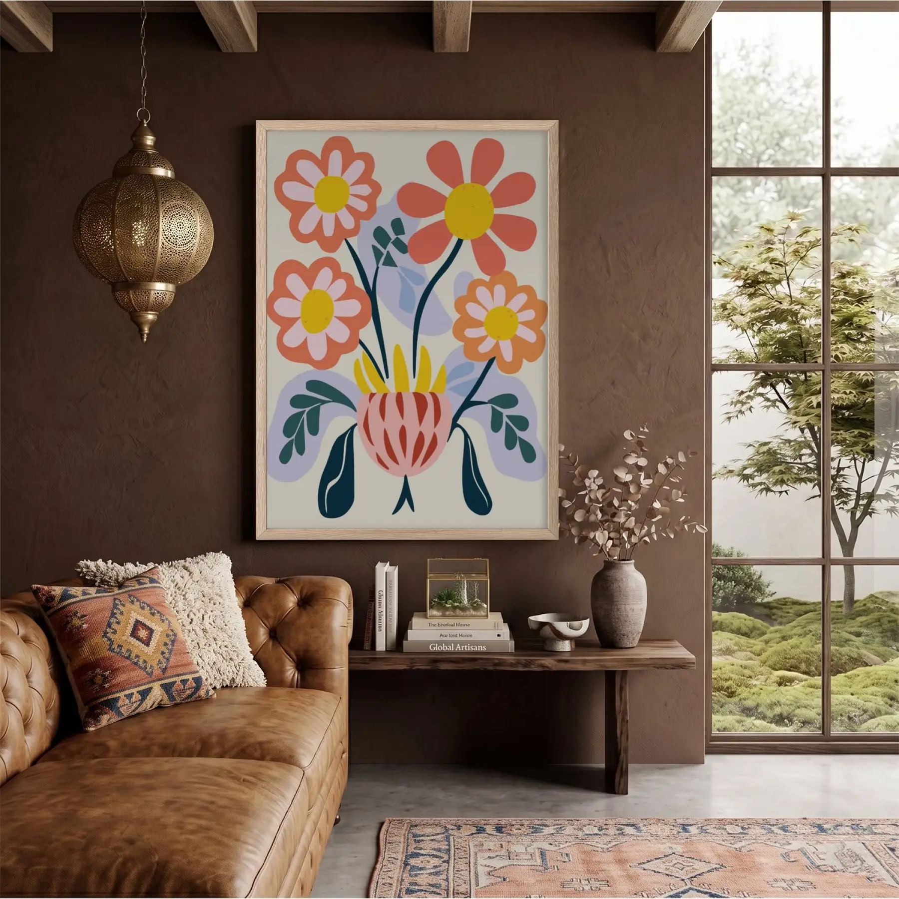 Modern Pastel Çiçekler Doğal Ahşap Çerçeveli Tablo Bohem Sanat İç Mekan Yatak Koridor
