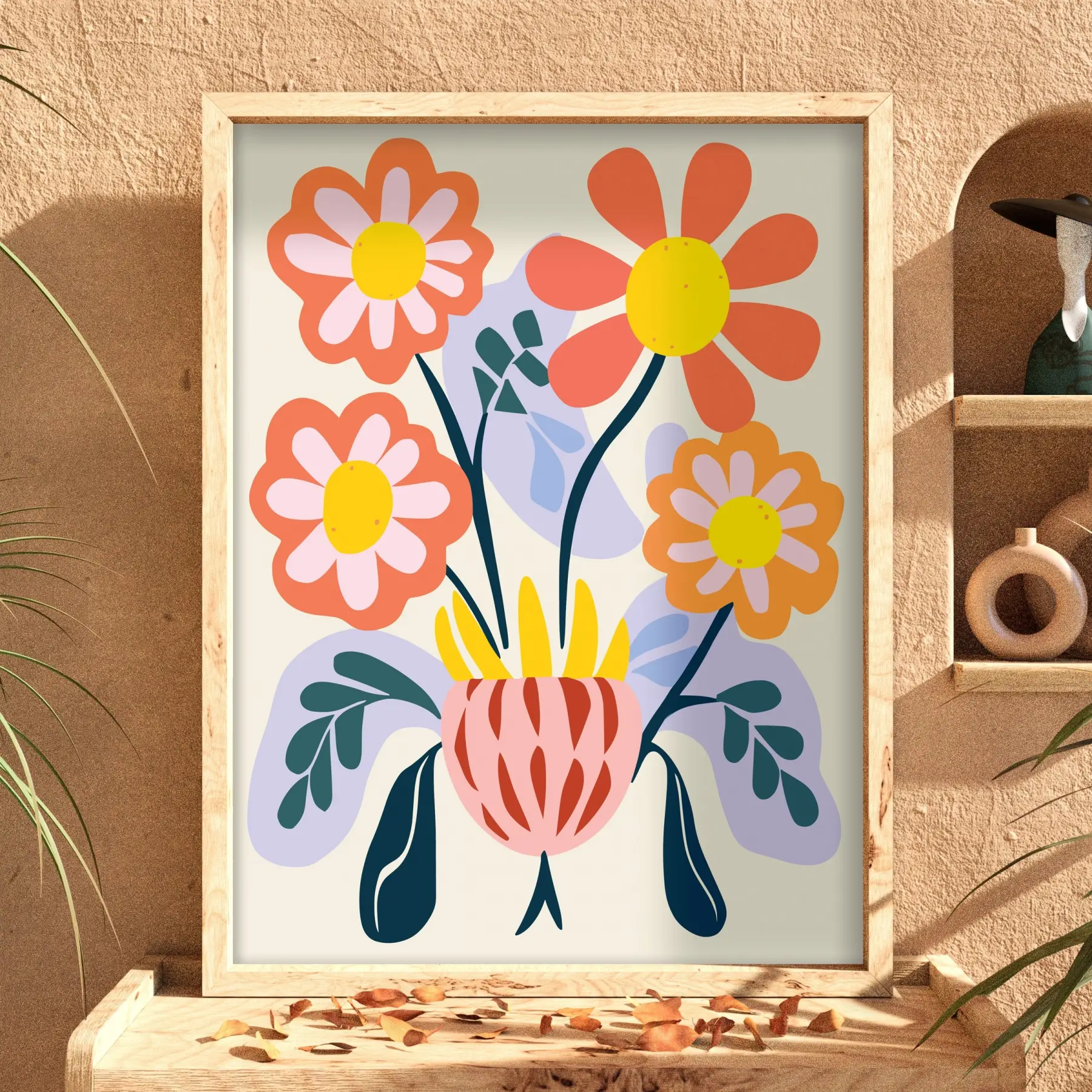 Modern Pastel Çiçekler Doğal Ahşap Çerçeveli Tablo Bohem Sanat İç Mekan Yatak Koridor