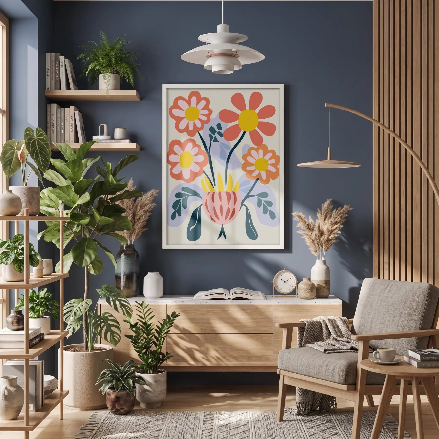 Modern Pastel Çiçekler Beyaz Ahşap Çerçeveli Tablo Bohem Salon Oturma Odası Duvar Dekoru