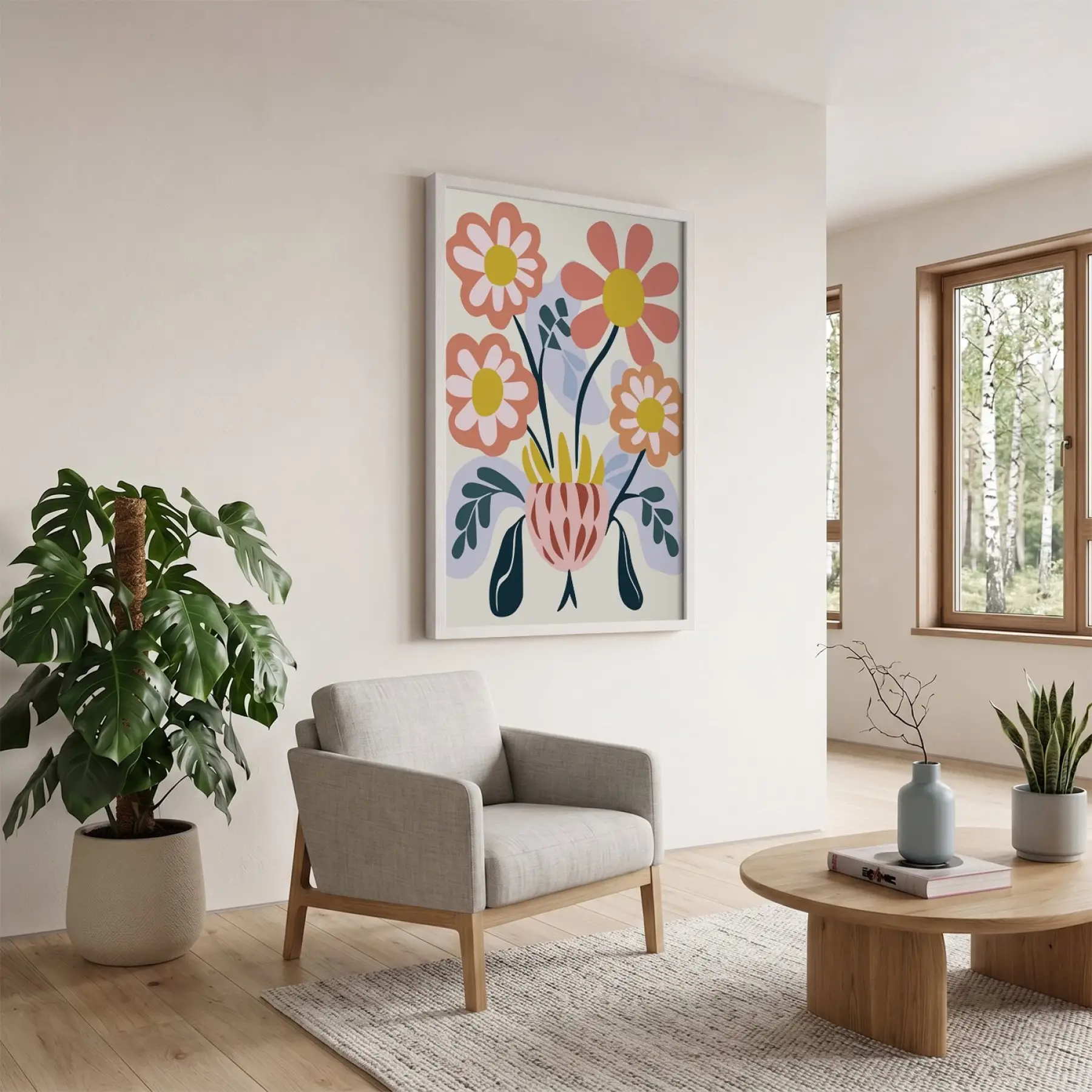 Modern Pastel Çiçekler Beyaz Ahşap Çerçeveli Tablo Bohem Salon Oturma Odası Duvar Dekoru