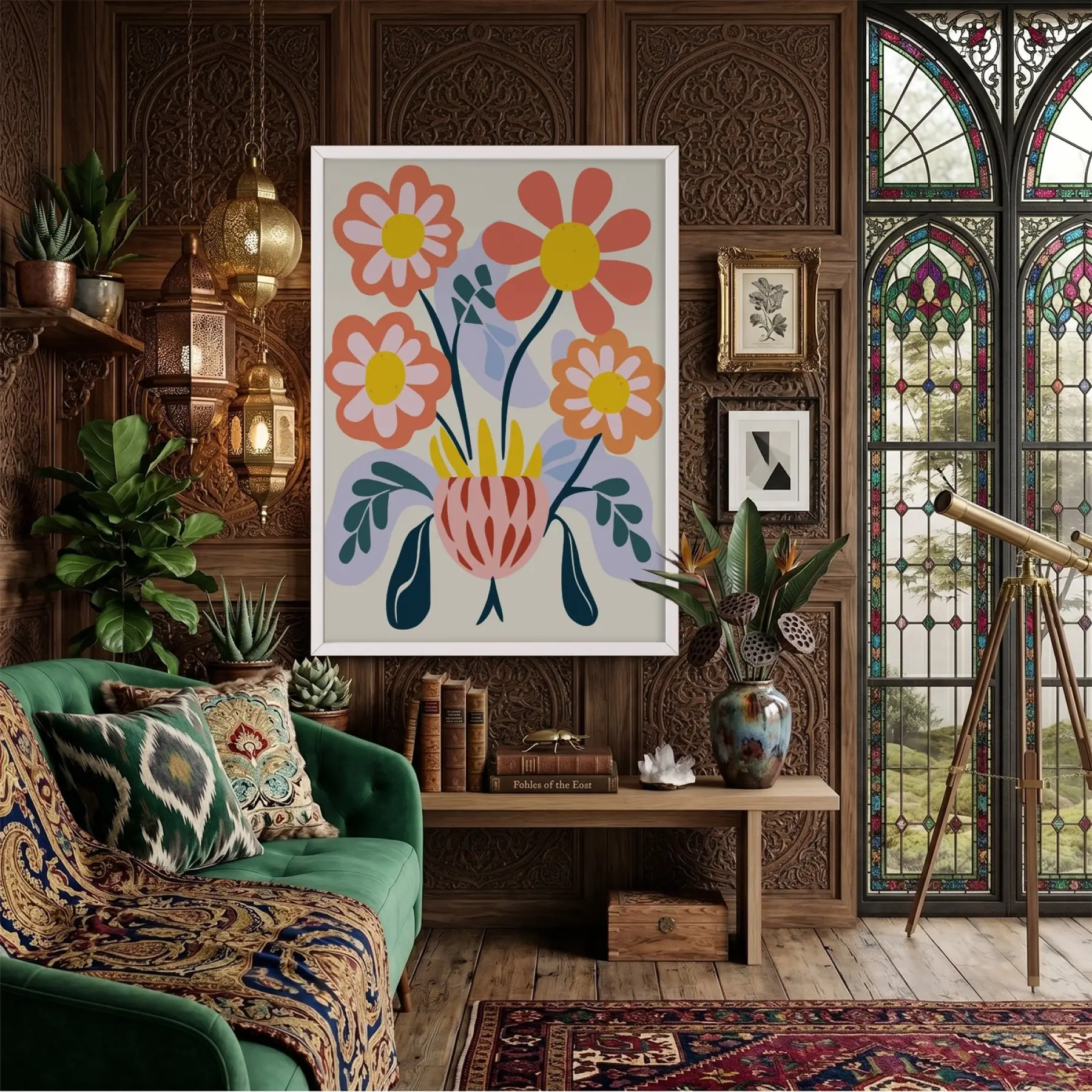 Modern Pastel Çiçekler Beyaz Ahşap Çerçeveli Tablo Bohem Salon Oturma Odası Duvar Dekoru