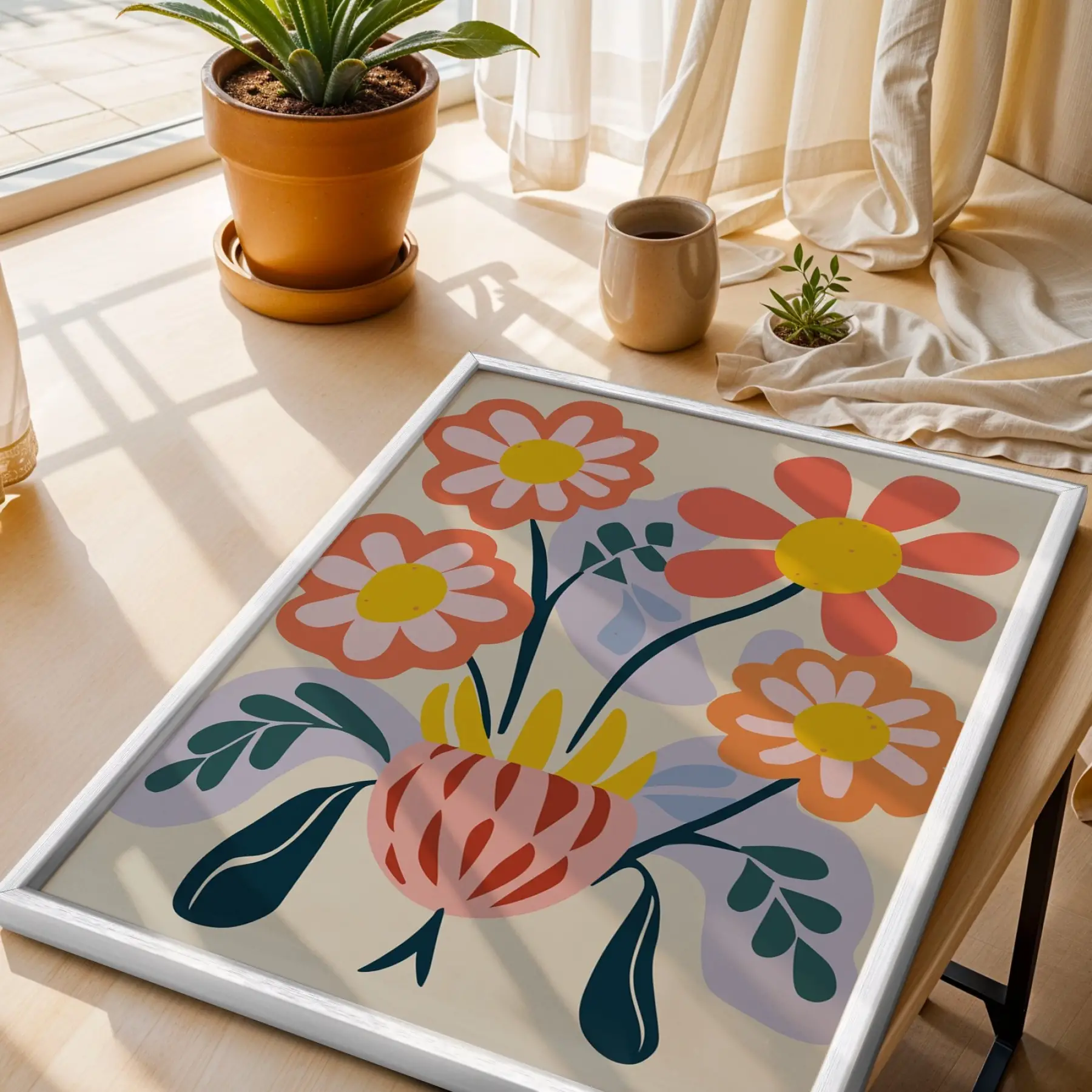 Modern Pastel Çiçekler Beyaz Ahşap Çerçeveli Tablo Bohem Salon Oturma Odası Duvar Dekoru