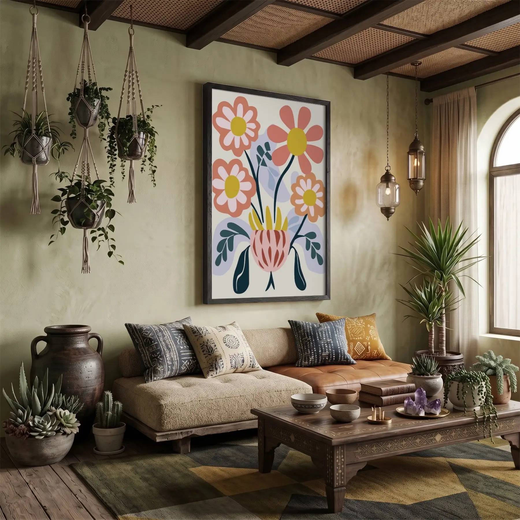 Modern Pastel Çiçekler Siyah Ahşap Çerçeveli Tablo Bohem Görünümlü Salon Oturma Odası Duvar
