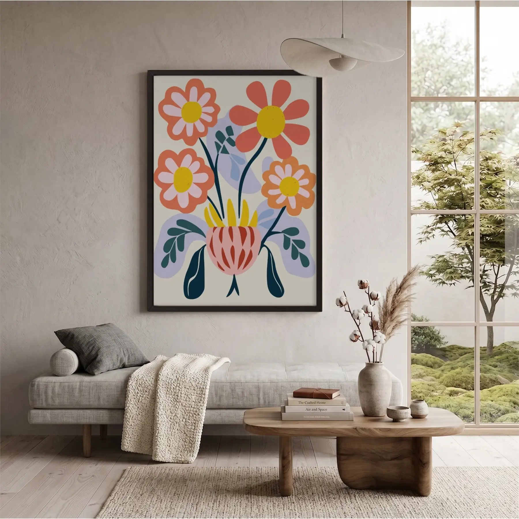 Modern Pastel Çiçekler Siyah Ahşap Çerçeveli Tablo Bohem Görünümlü Salon Oturma Odası Duvar
