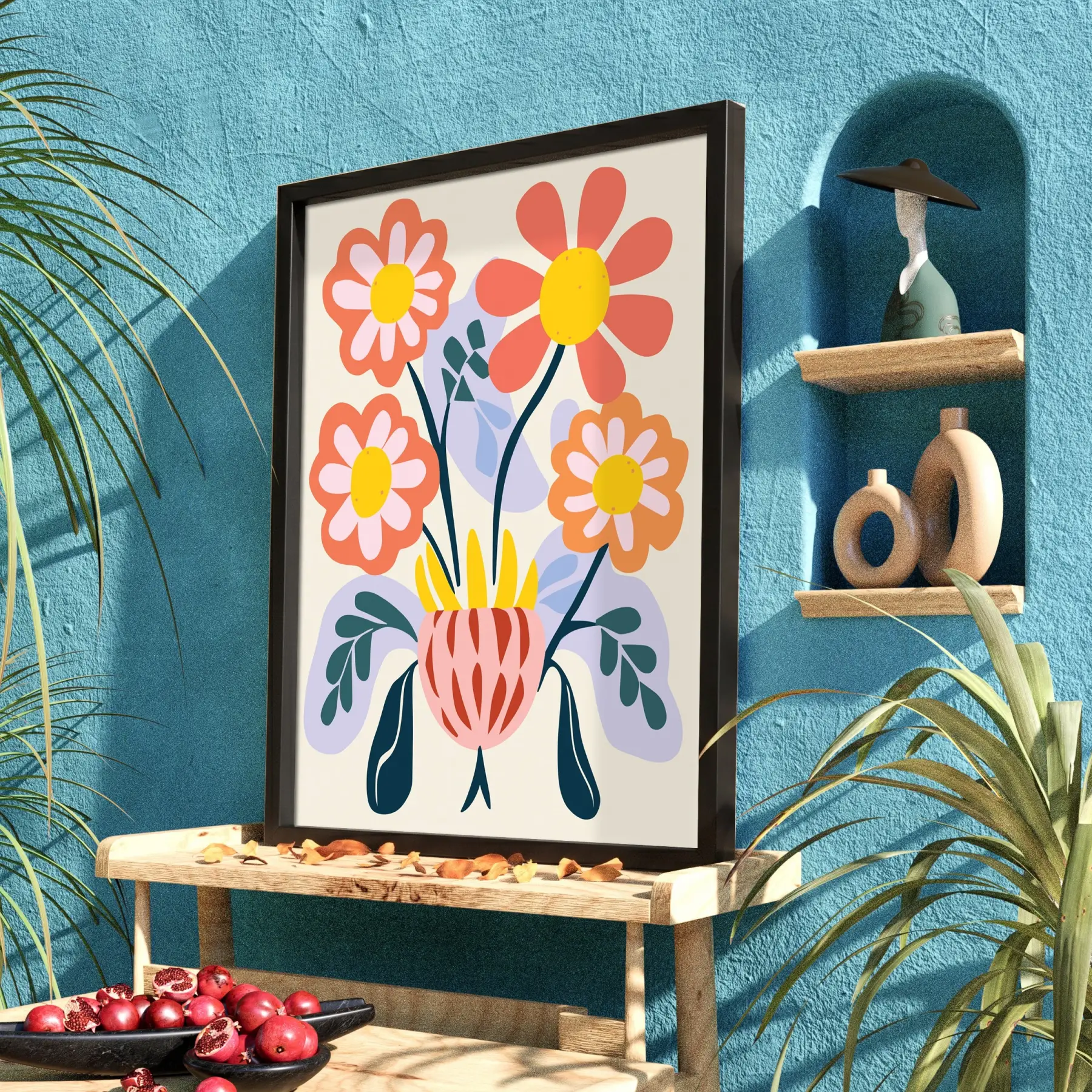 Modern Pastel Çiçekler Siyah Ahşap Çerçeveli Tablo Bohem Görünümlü Salon Oturma Odası Duvar
