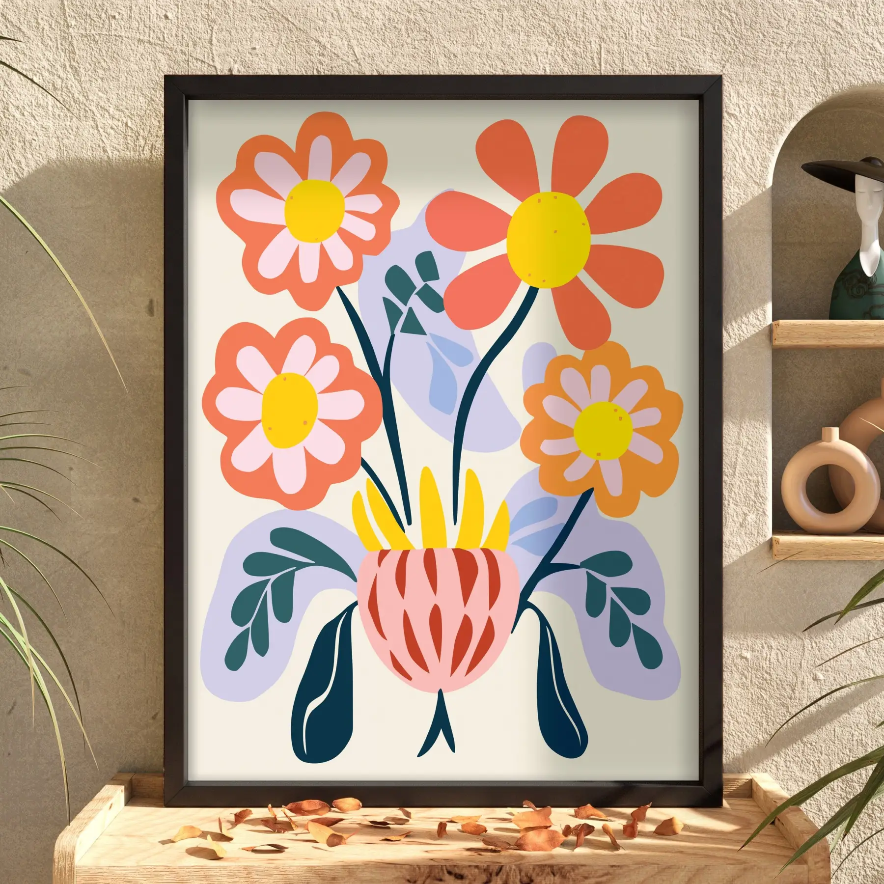 Modern Pastel Çiçekler Siyah Ahşap Çerçeveli Tablo Bohem Görünümlü Salon Oturma Odası Duvar