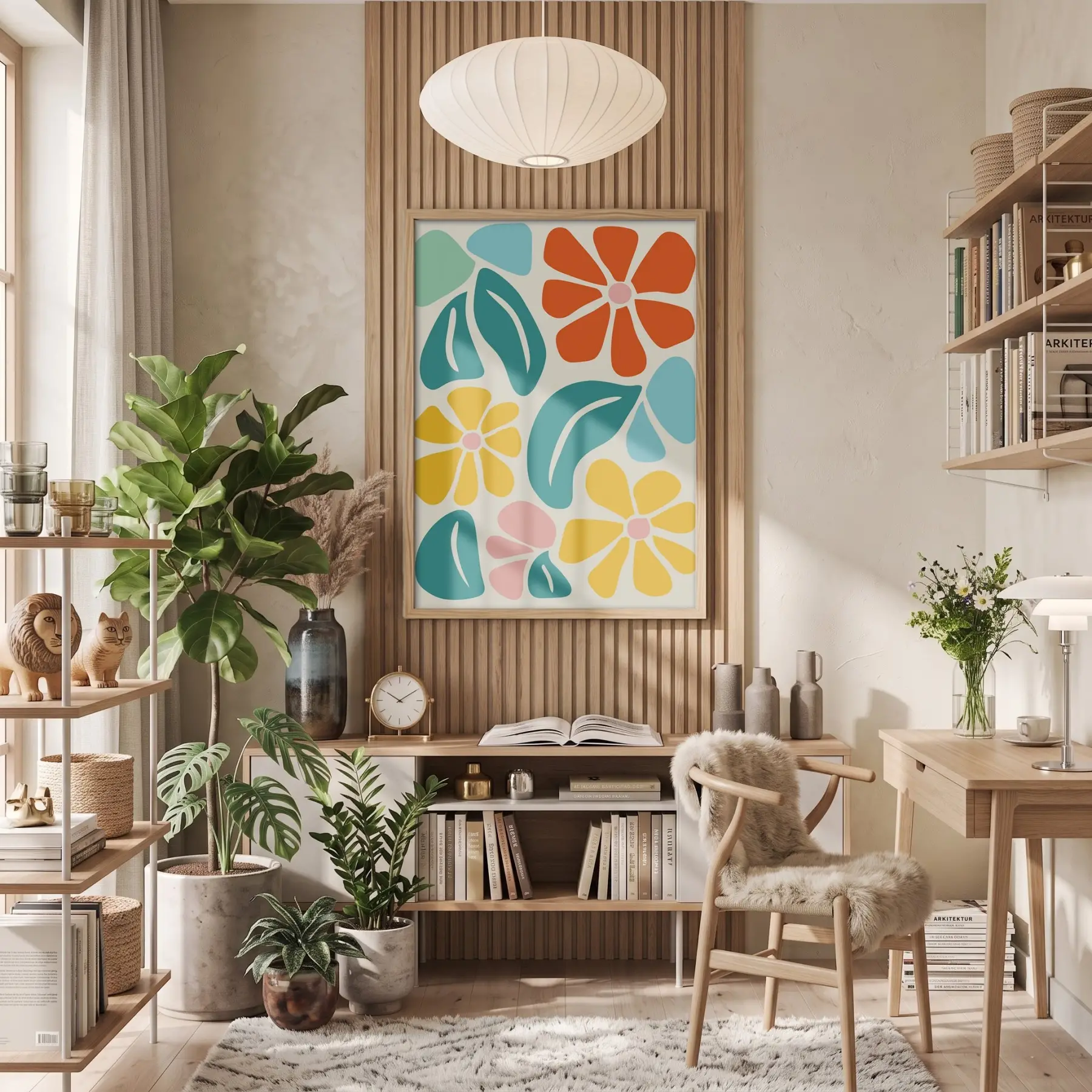 Neşeli Floral Desen Doğal Ahşap Çerçeveli Tablo Bohem Dekorasyonu Poster Obje Ev Aksesuarları