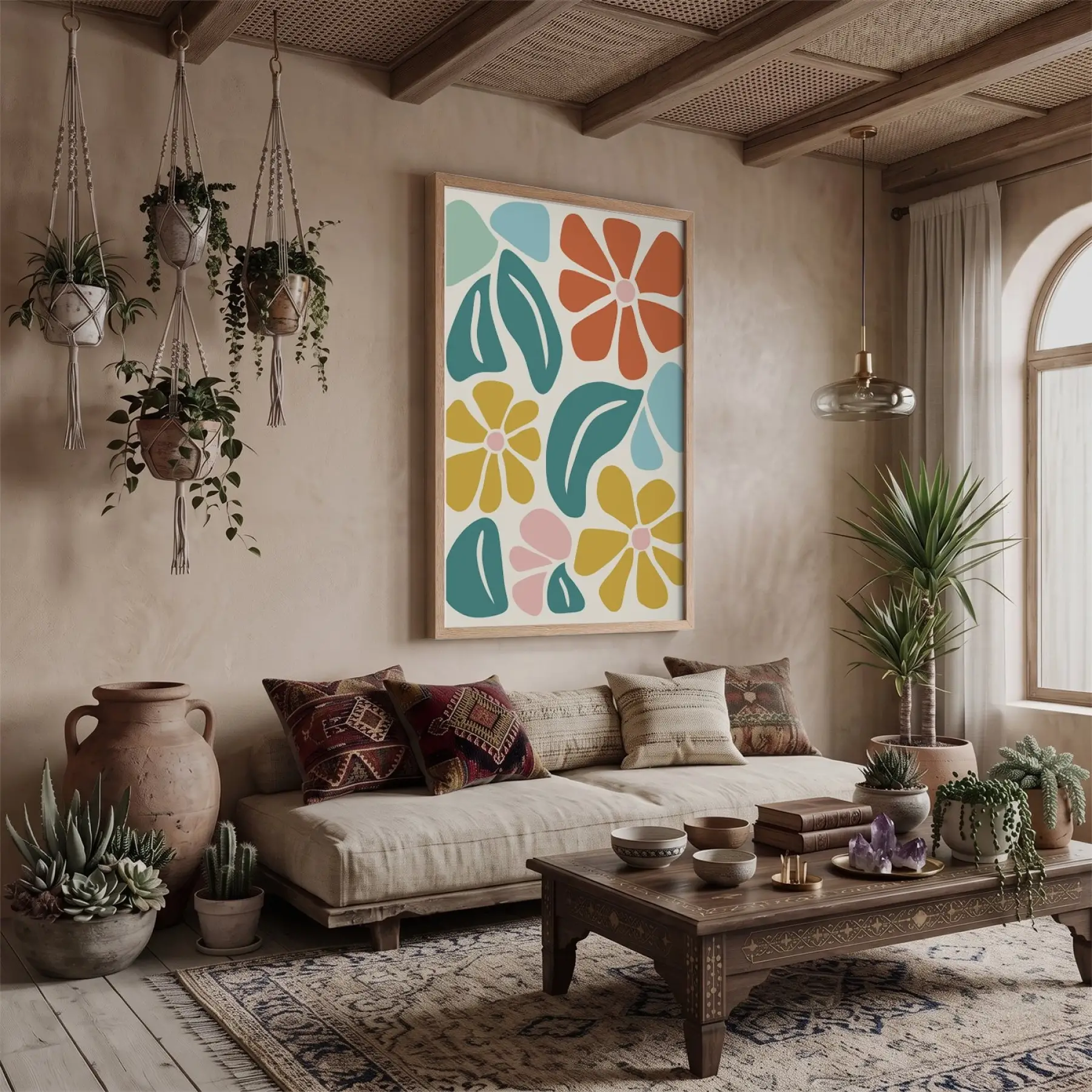 Neşeli Floral Desen Doğal Ahşap Çerçeveli Tablo Bohem Dekorasyonu Poster Obje Ev Aksesuarları