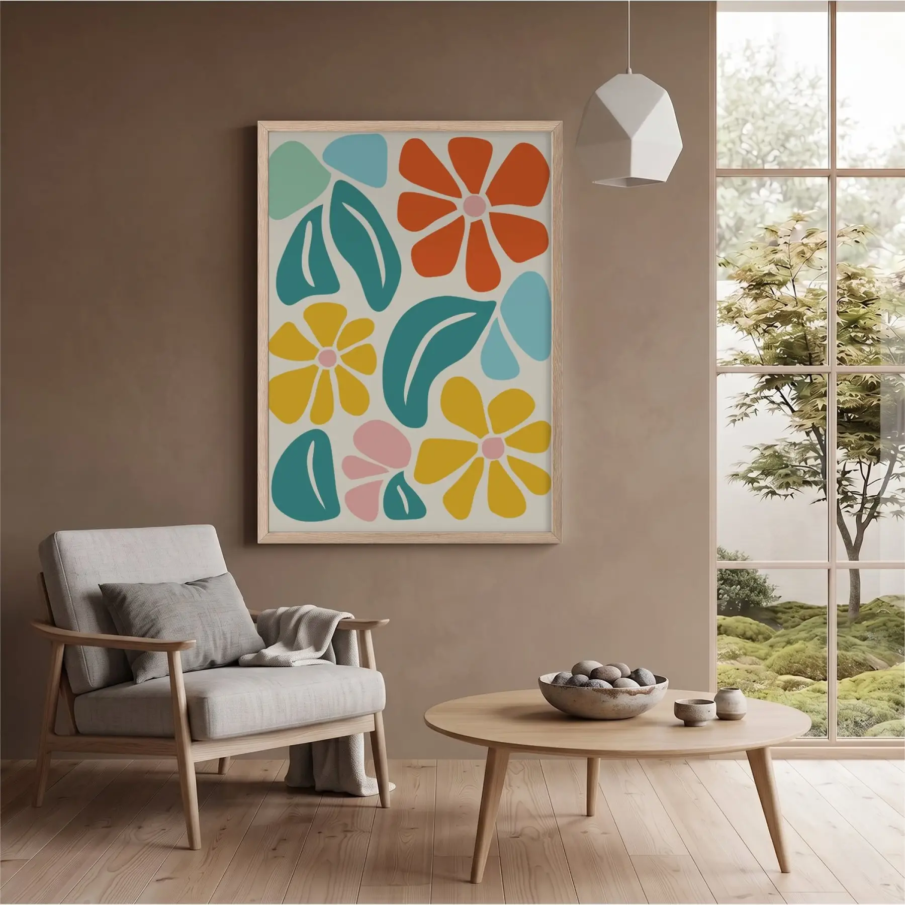 Neşeli Floral Desen Doğal Ahşap Çerçeveli Tablo Bohem Dekorasyonu Poster Obje Ev Aksesuarları