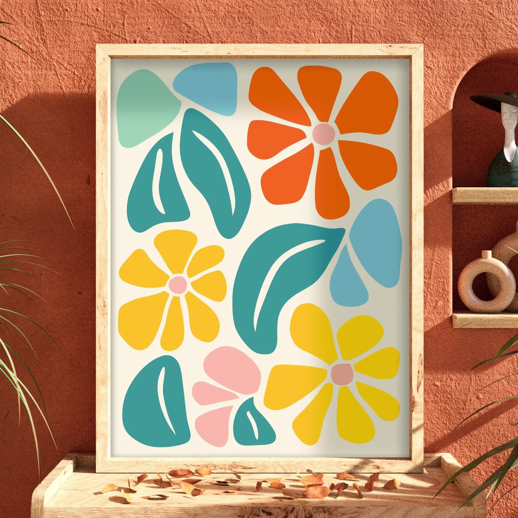 Neşeli Floral Desen Doğal Ahşap Çerçeveli Tablo Bohem Dekorasyonu Poster Obje Ev Aksesuarları
