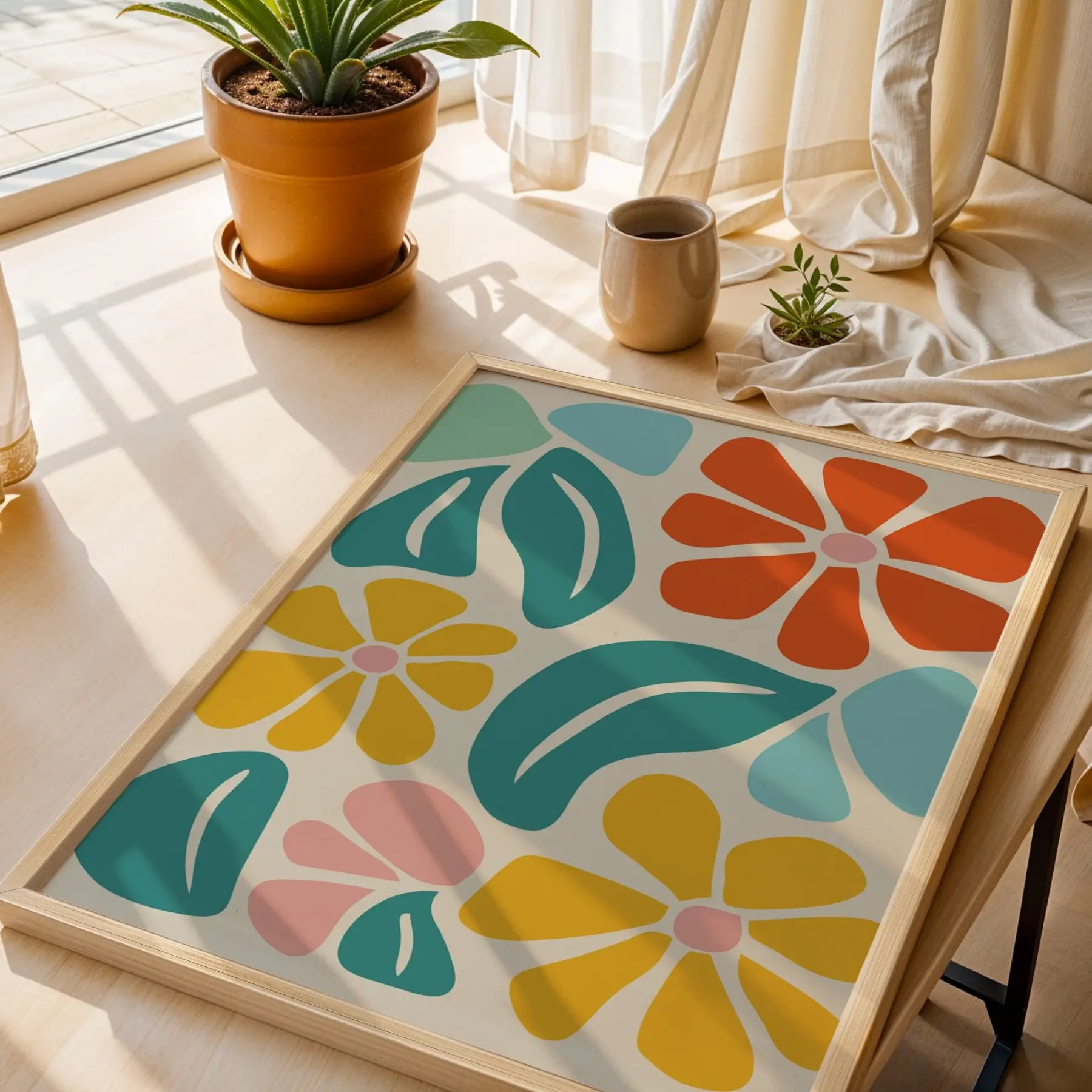Neşeli Floral Desen Doğal Ahşap Çerçeveli Tablo Bohem Dekorasyonu Poster Obje Ev Aksesuarları