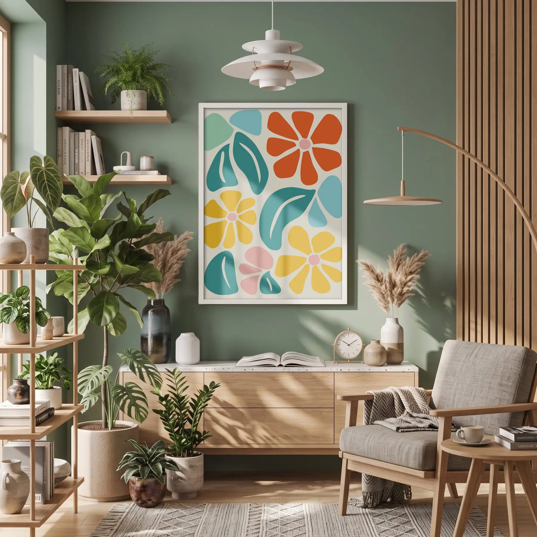 Neşeli Floral Desen Beyaz Ahşap Çerçeveli Tablo Bohem Aksesuarları Modern Sanat İç Mekan