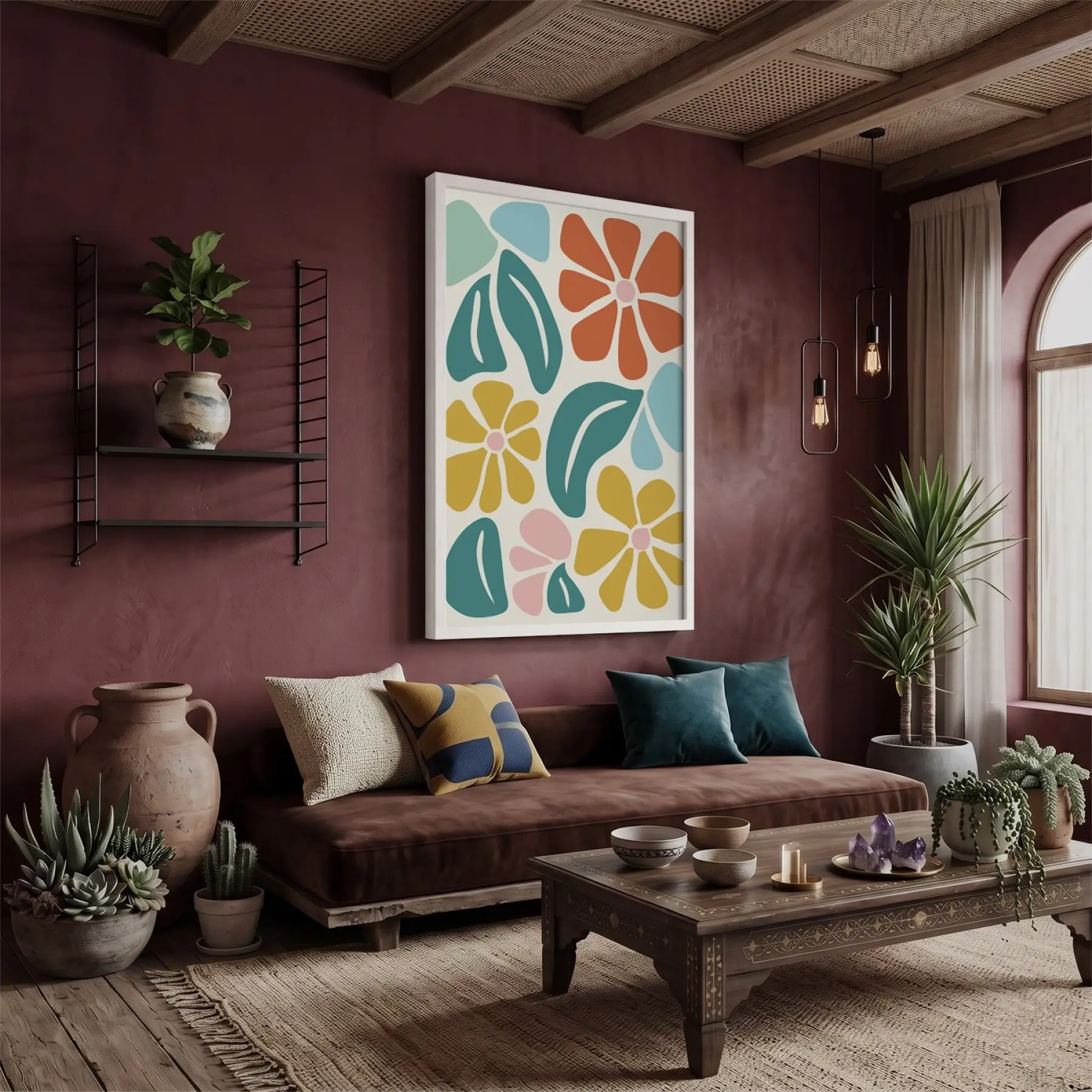 Neşeli Floral Desen Beyaz Ahşap Çerçeveli Tablo Bohem Aksesuarları Modern Sanat İç Mekan