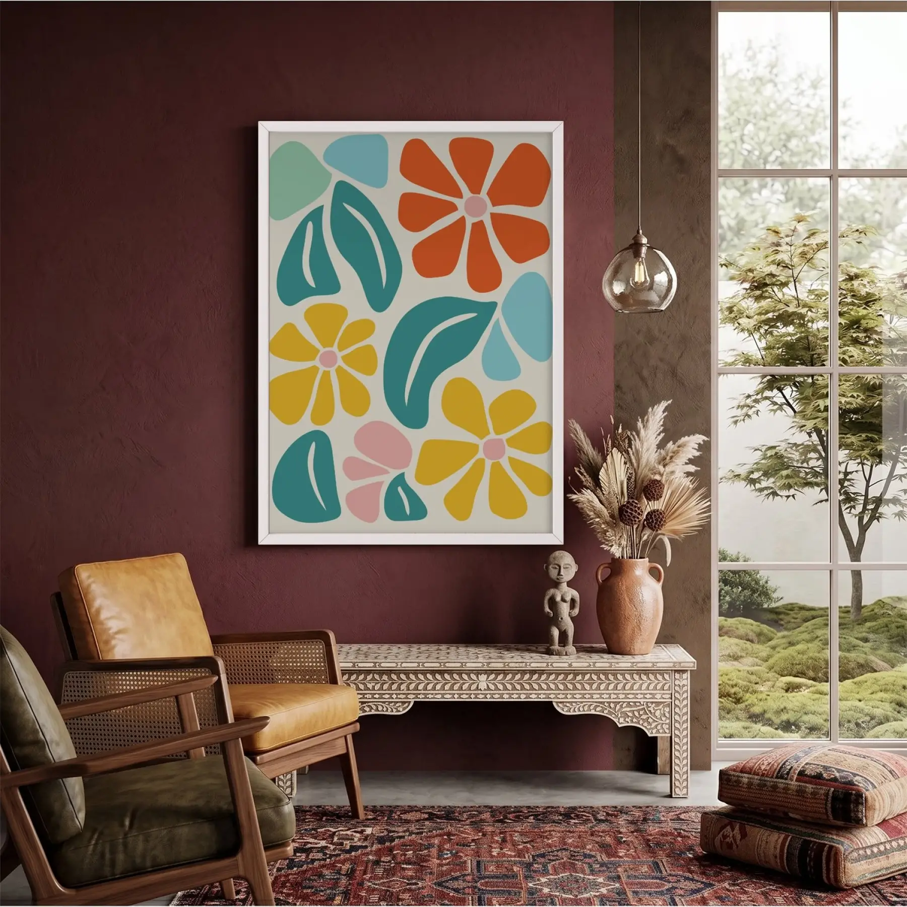 Neşeli Floral Desen Beyaz Ahşap Çerçeveli Tablo Bohem Aksesuarları Modern Sanat İç Mekan
