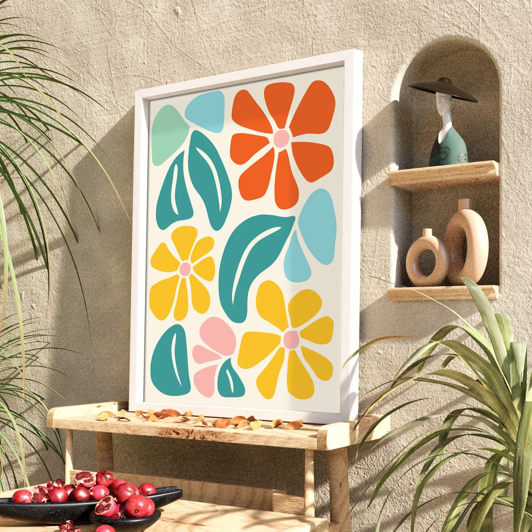 Neşeli Floral Desen Beyaz Ahşap Çerçeveli Tablo Bohem Aksesuarları Modern Sanat İç Mekan