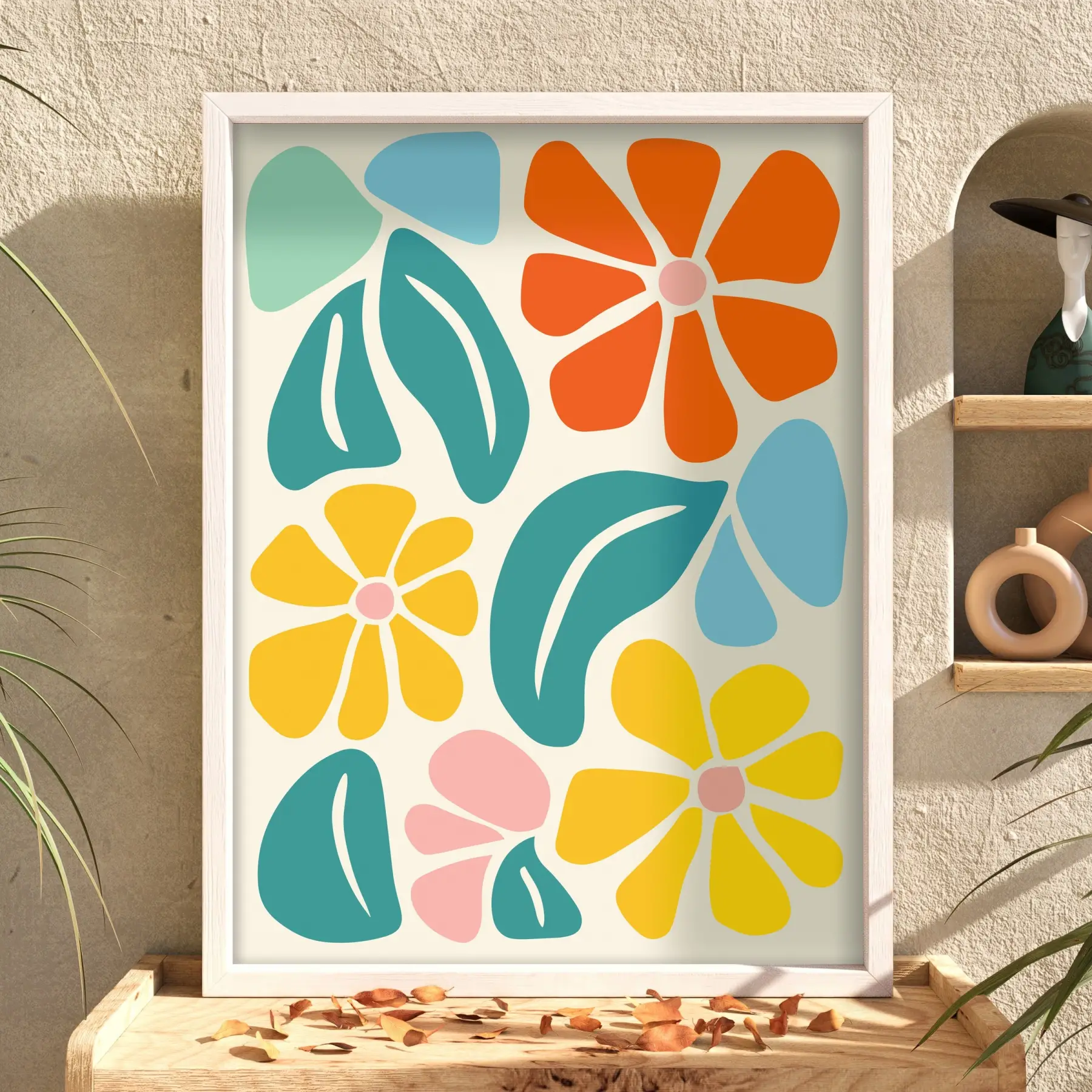 Neşeli Floral Desen Beyaz Ahşap Çerçeveli Tablo Bohem Aksesuarları Modern Sanat İç Mekan
