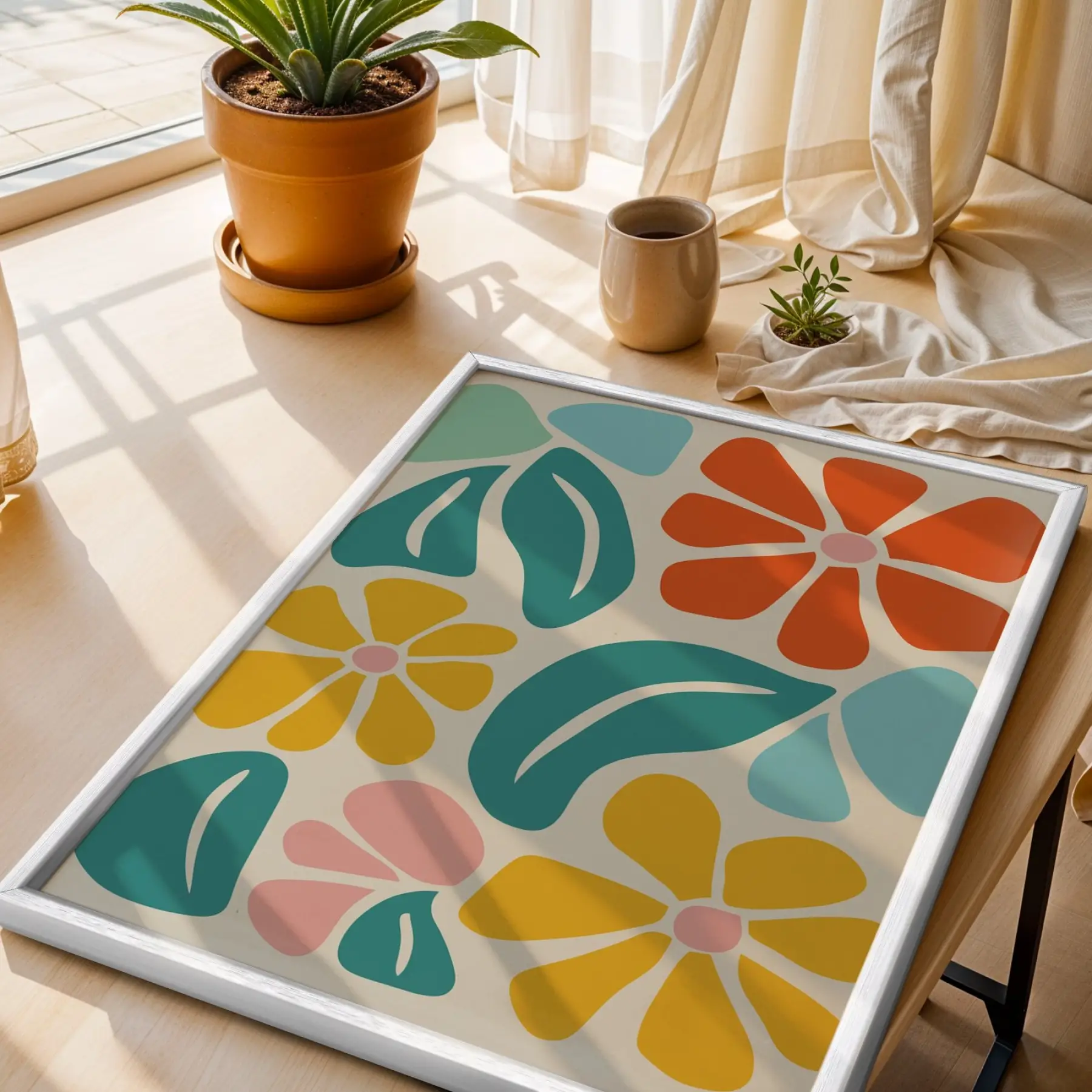 Neşeli Floral Desen Beyaz Ahşap Çerçeveli Tablo Bohem Aksesuarları Modern Sanat İç Mekan