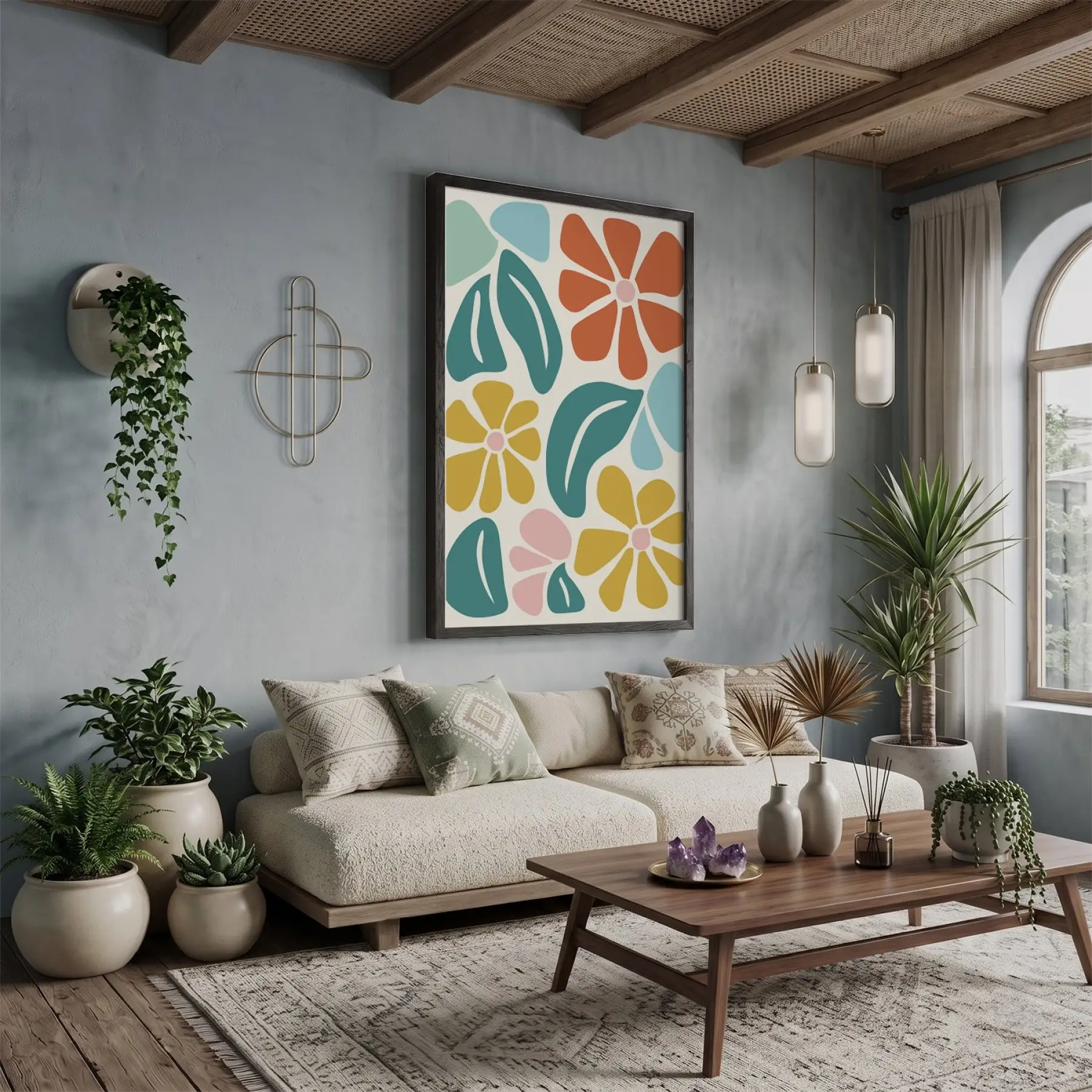 Neşeli Floral Desen Siyah Ahşap Çerçeveli Tablo Bohem Duvar Dekoru Poster Obje Ev