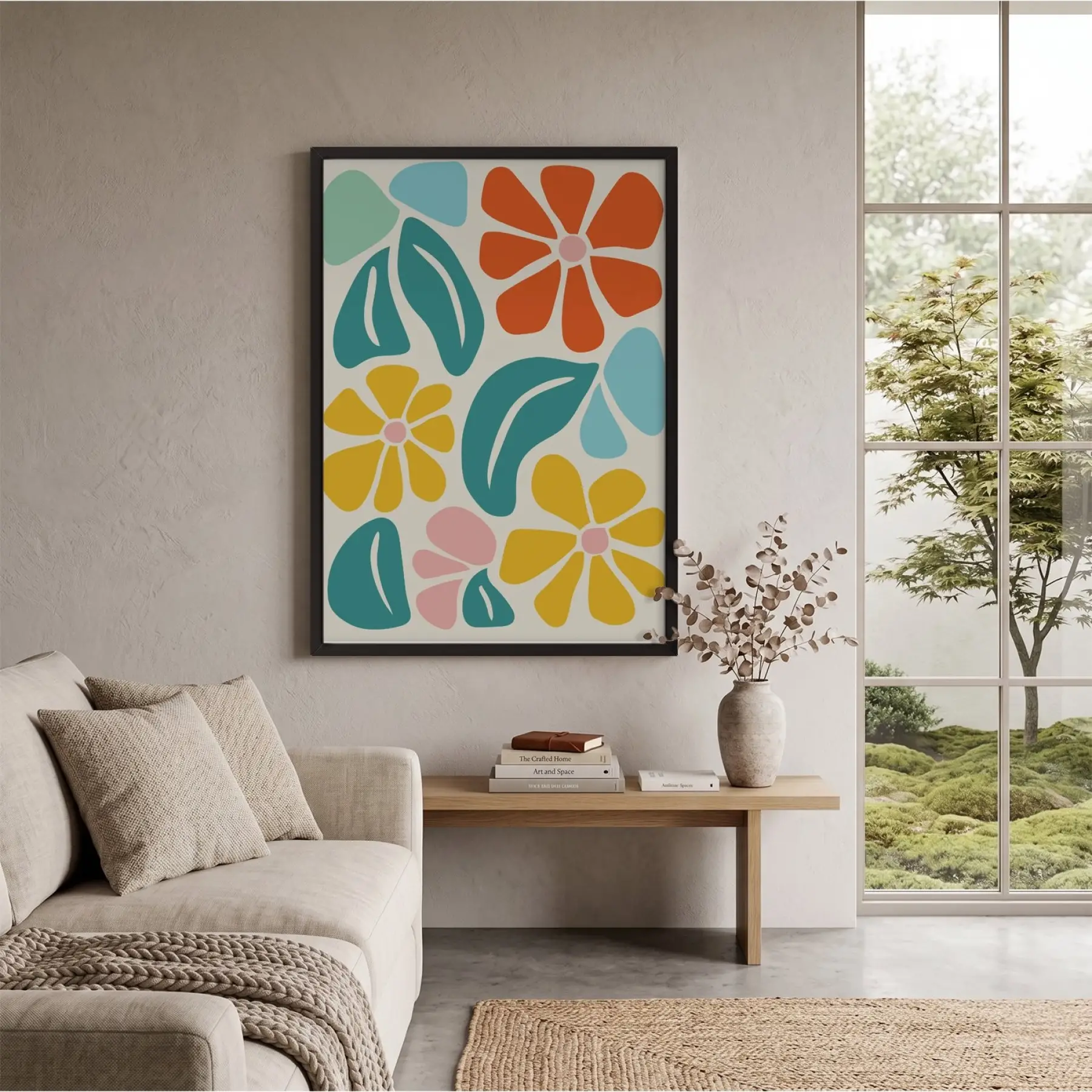 Neşeli Floral Desen Siyah Ahşap Çerçeveli Tablo Bohem Duvar Dekoru Poster Obje Ev