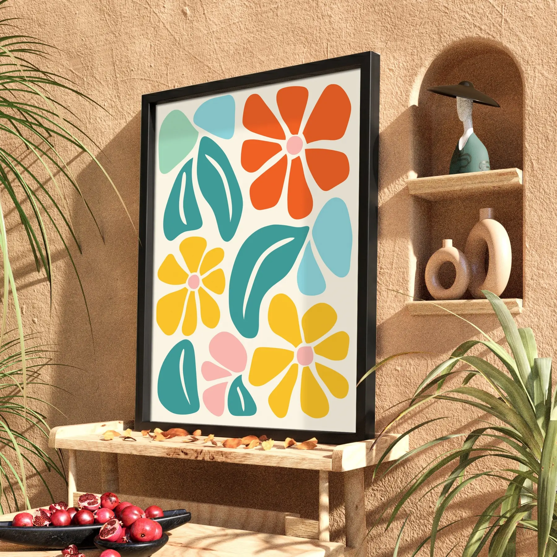 Neşeli Floral Desen Siyah Ahşap Çerçeveli Tablo Bohem Duvar Dekoru Poster Obje Ev