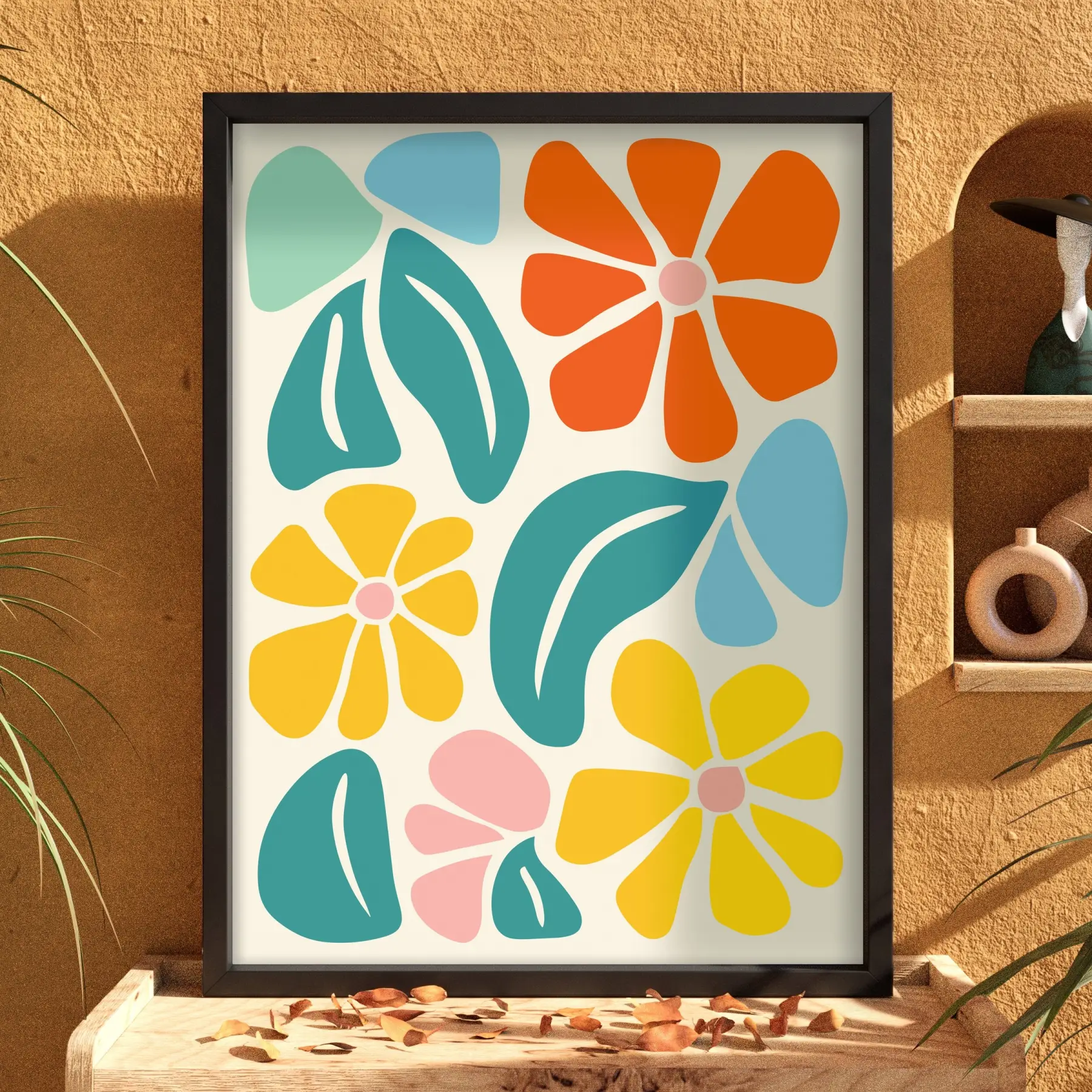 Neşeli Floral Desen Siyah Ahşap Çerçeveli Tablo Bohem Duvar Dekoru Poster Obje Ev