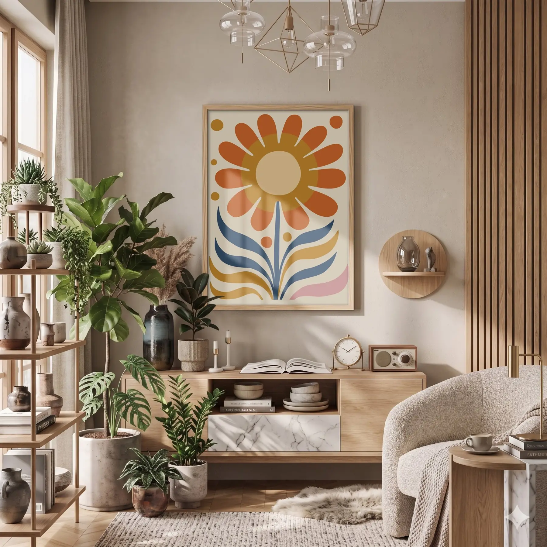 Retro Güneş Çiçeği Doğal Ahşap Çerçeveli Tablo Görünümlü Salon Oturma Odası Duvar Dekoru