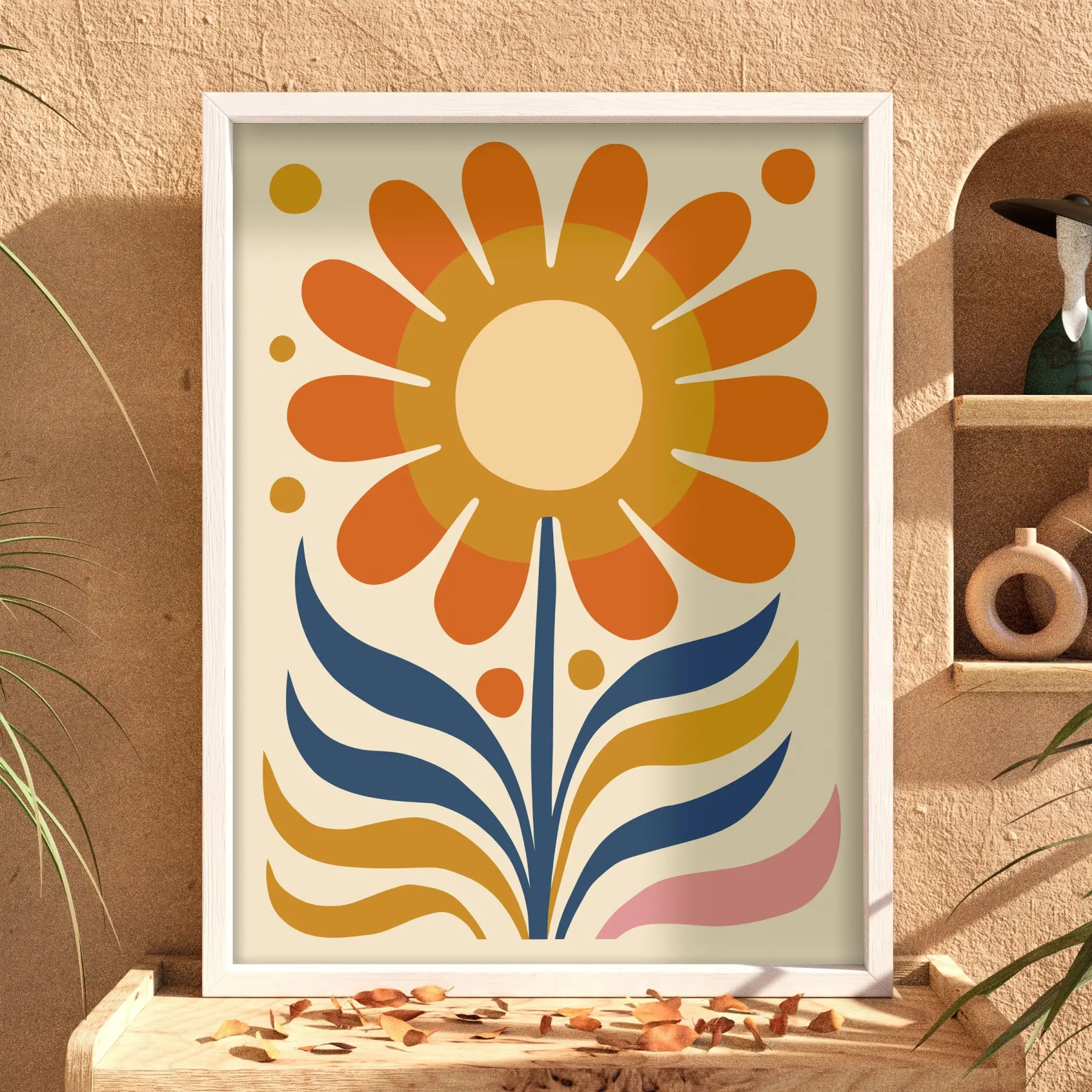 Retro Güneş Çiçeği Beyaz Ahşap Çerçeveli Tablo Oturma Odası Duvar Dekoru Poster Obje