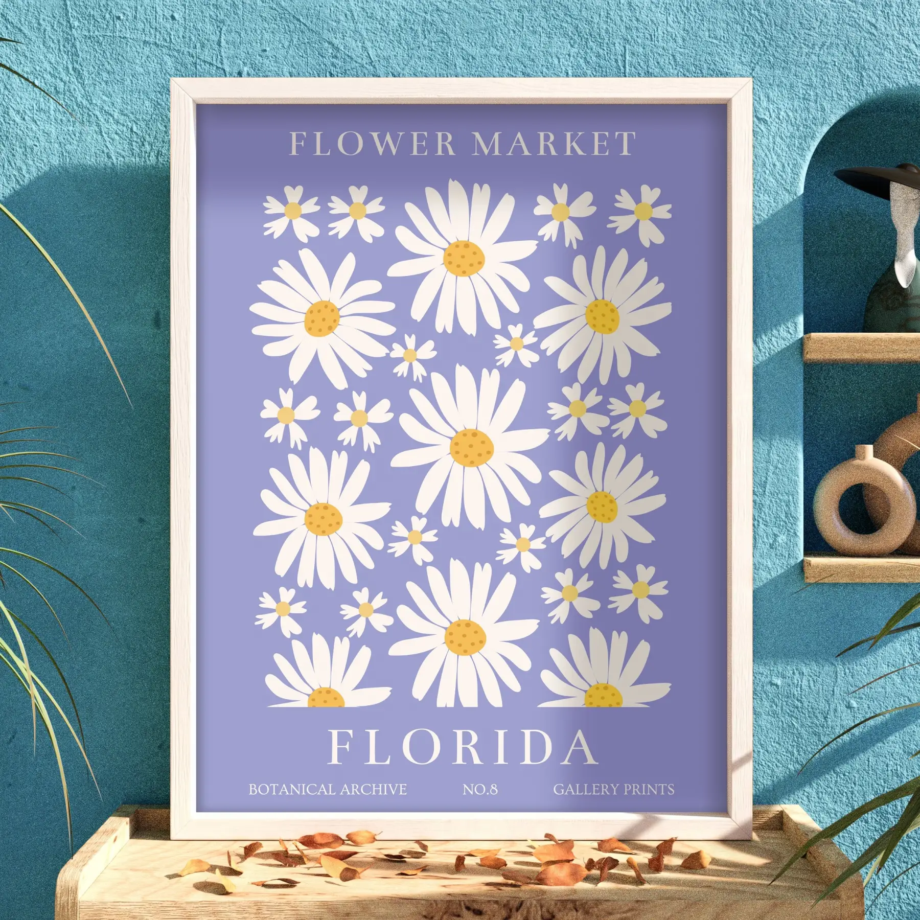 Lavanta Papatya Çiçekleri Beyaz Ahşap Çerçeveli Tablo Bohem Poster Dekoratif Obje Ev Aksesuarları