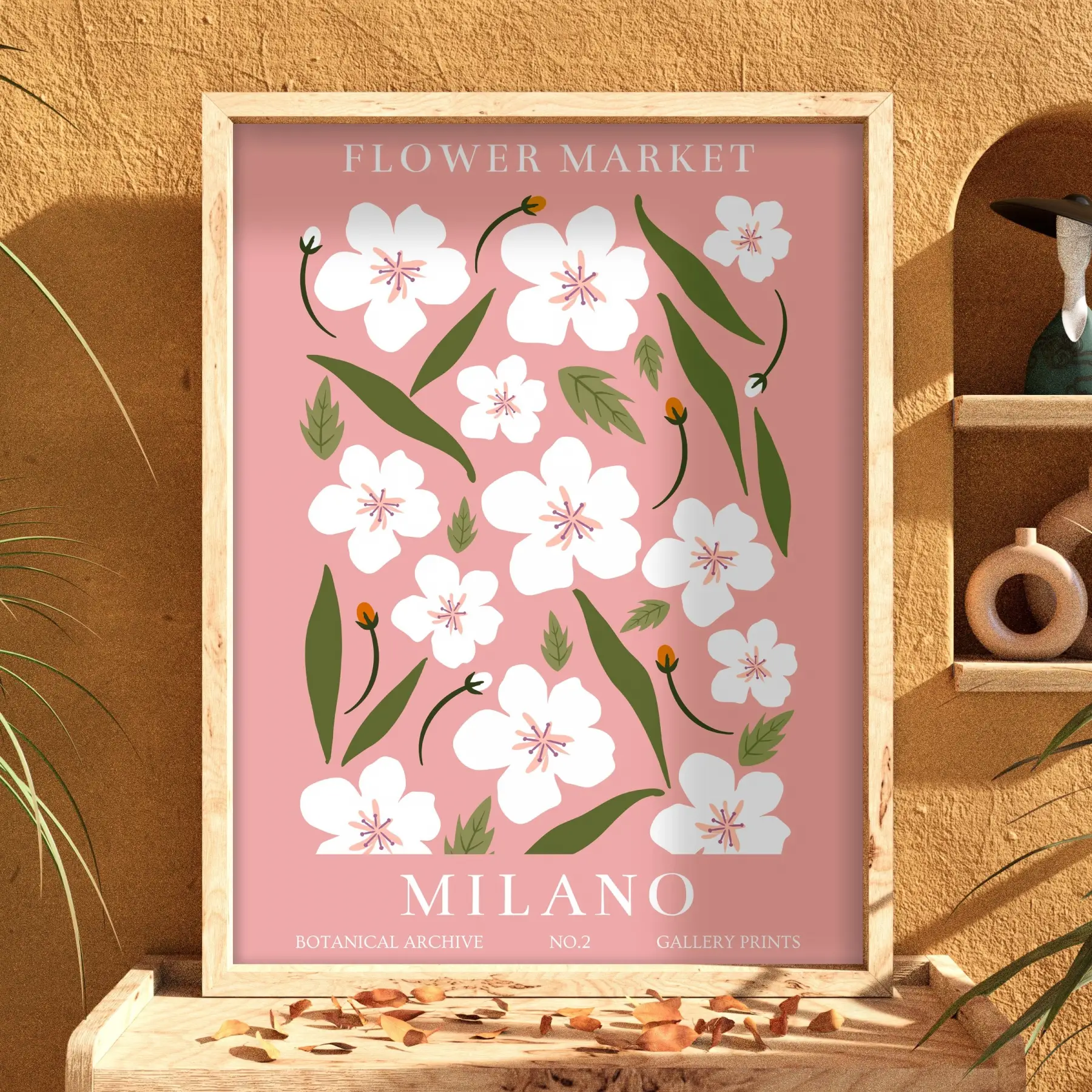 Milano Çiçek Pazarı Doğal Ahşap Çerçeveli Tablo Bohem Poster Dekoratif Obje Ev Aksesuarları