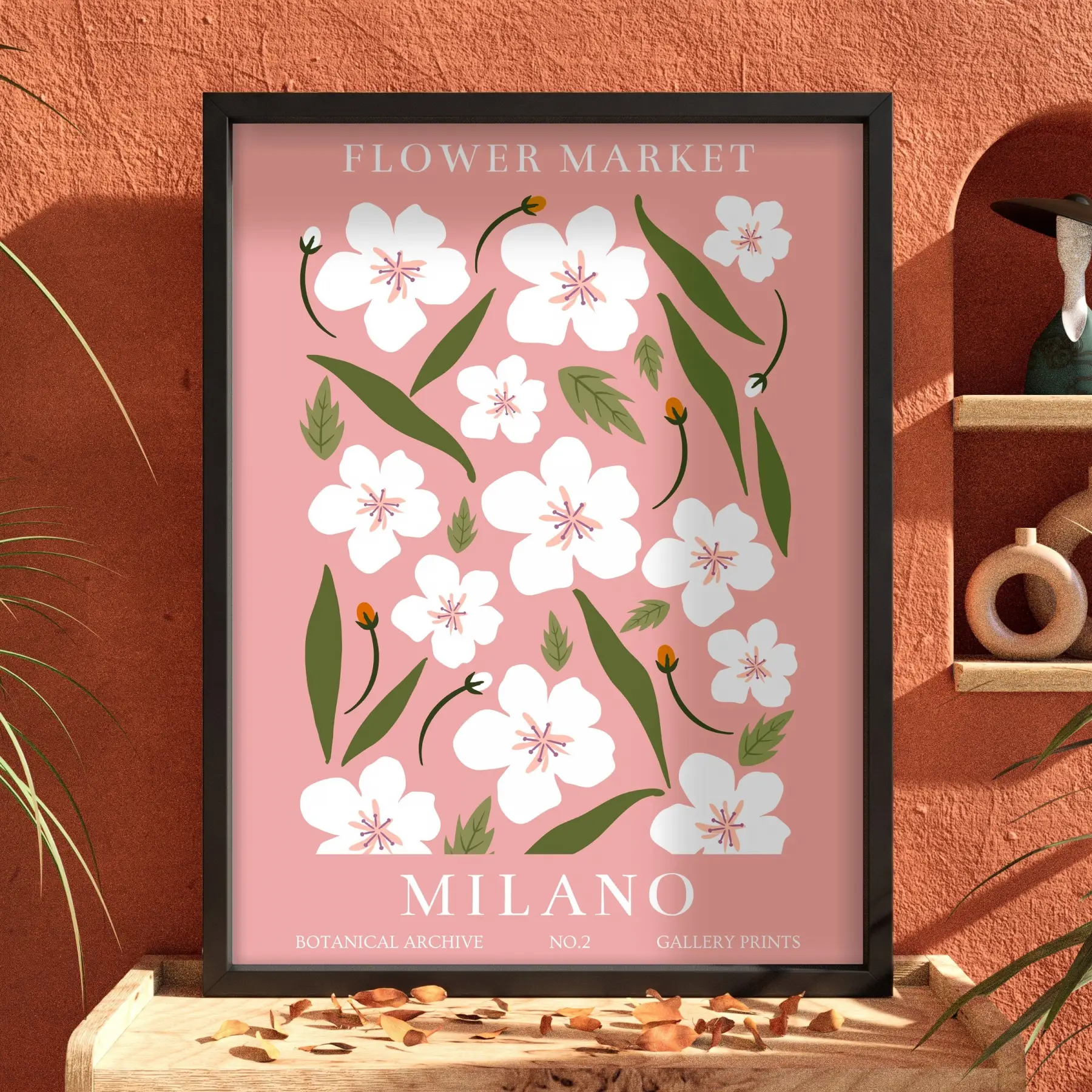 Milano Çiçek Pazarı Siyah Ahşap Çerçeveli Tablo Bohem İç Mekan Yatak Koridor Ofis