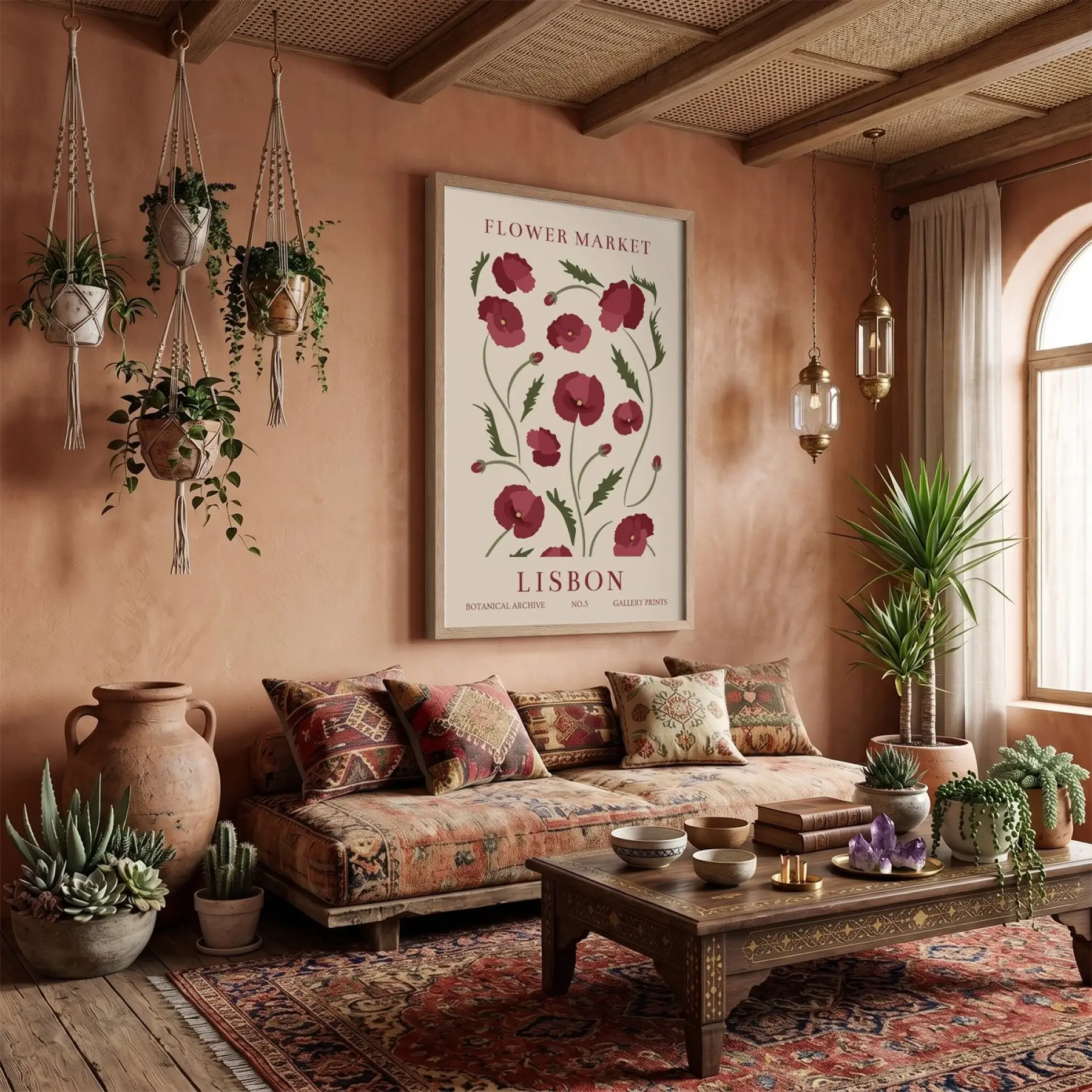 Lizbon Kırmızı Gelincik Doğal Ahşap Çerçeveli Tablo Poster Dekoratif Obje Ev Aksesuarları Modern