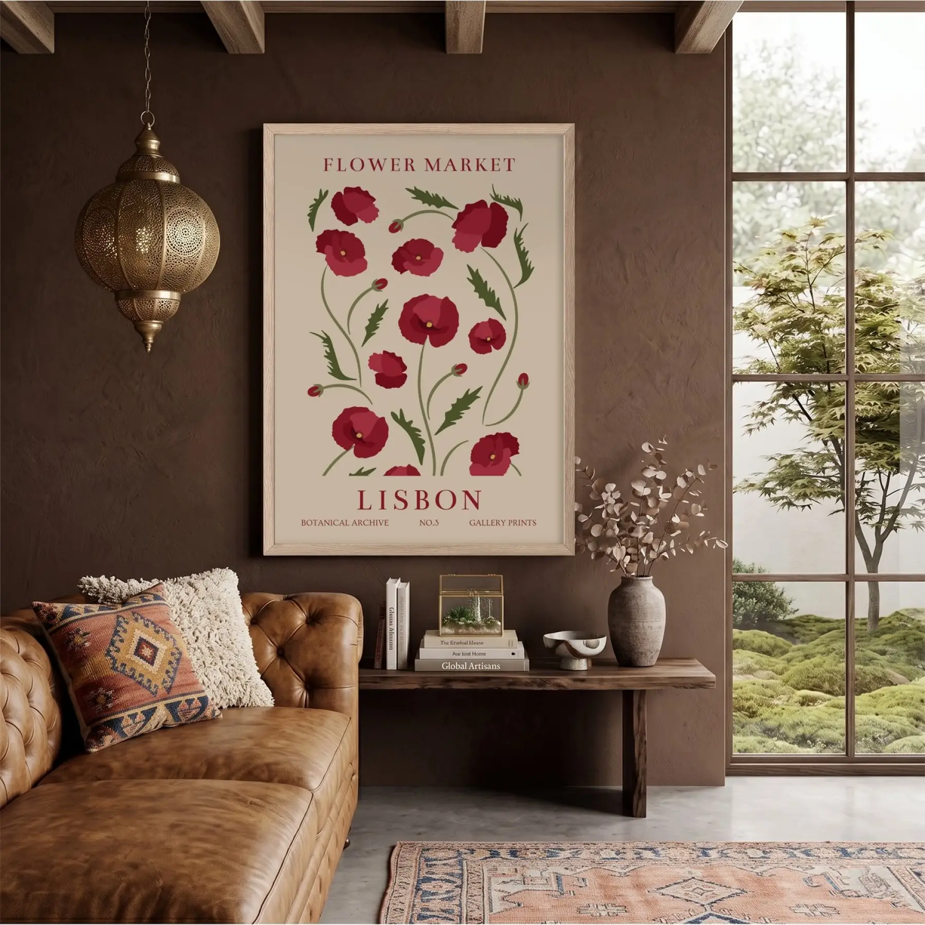 Lizbon Kırmızı Gelincik Doğal Ahşap Çerçeveli Tablo Poster Dekoratif Obje Ev Aksesuarları Modern