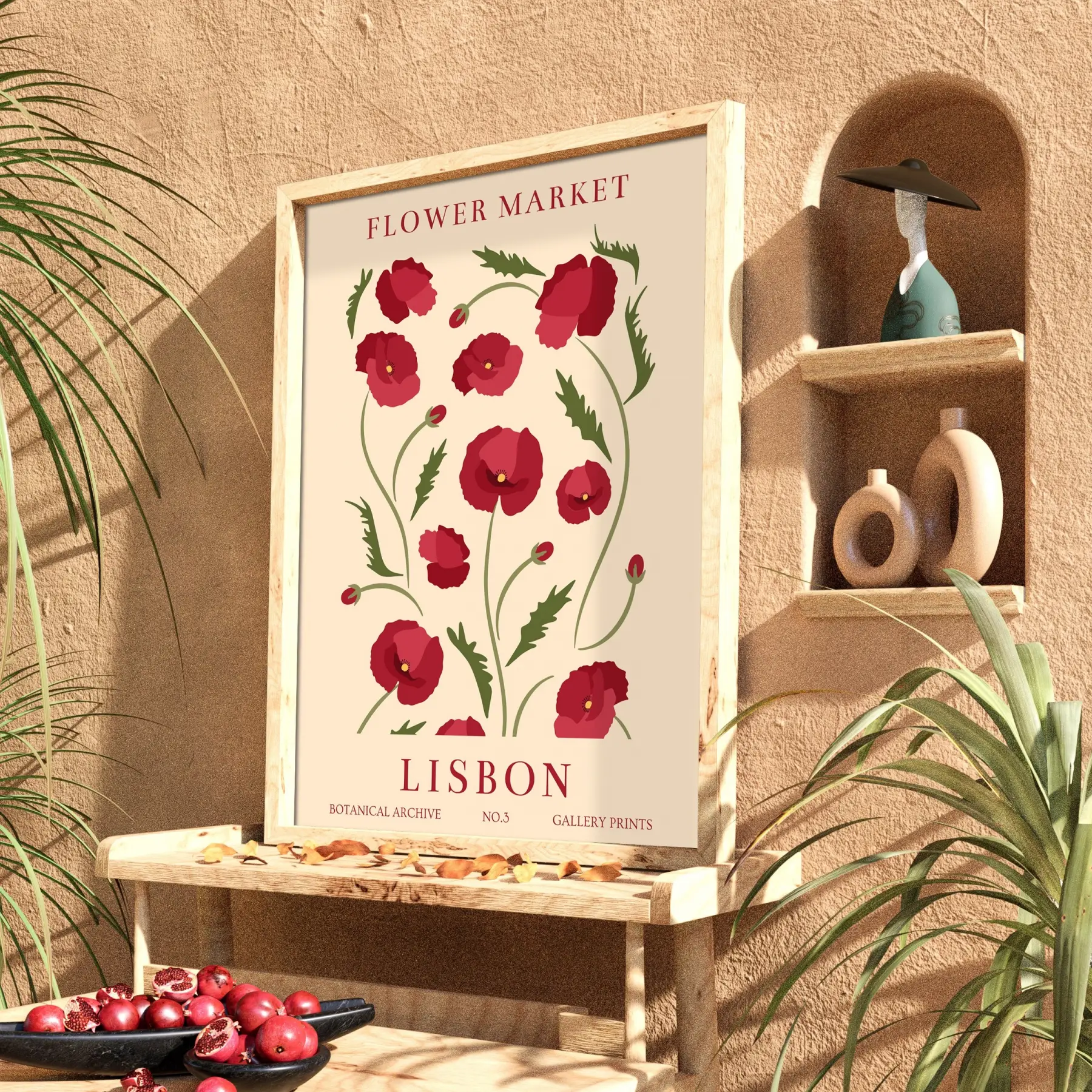 Lizbon Kırmızı Gelincik Doğal Ahşap Çerçeveli Tablo Poster Dekoratif Obje Ev Aksesuarları Modern