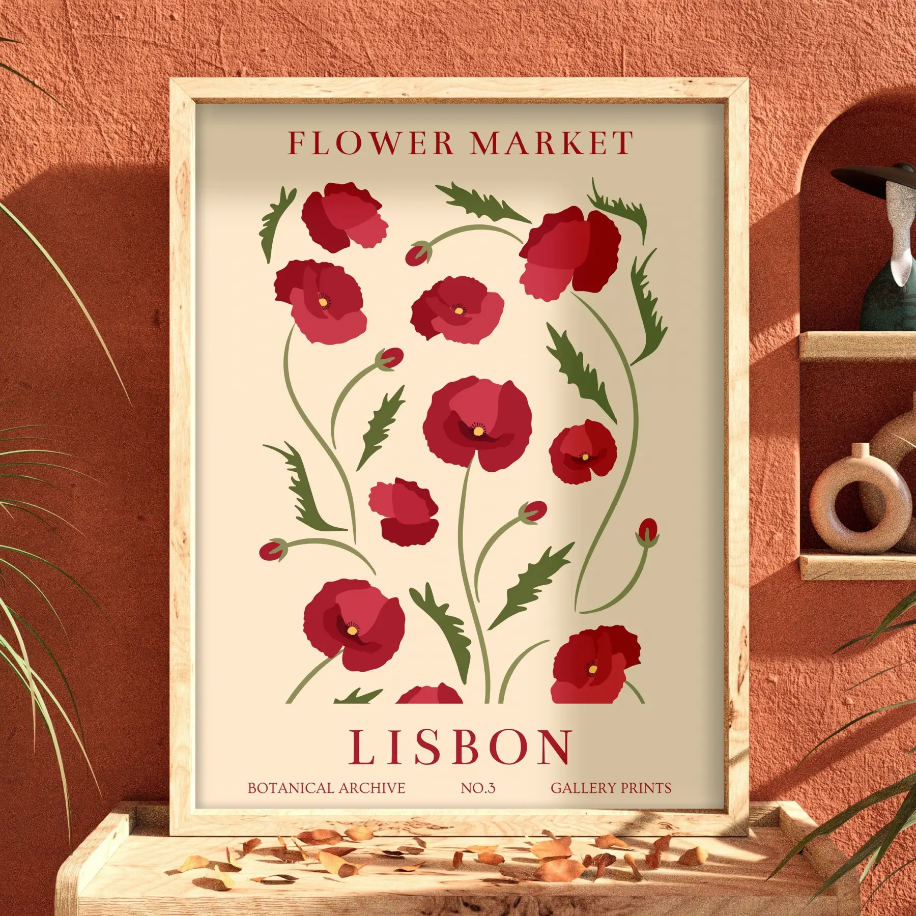 Lizbon Kırmızı Gelincik Doğal Ahşap Çerçeveli Tablo Poster Dekoratif Obje Ev Aksesuarları Modern