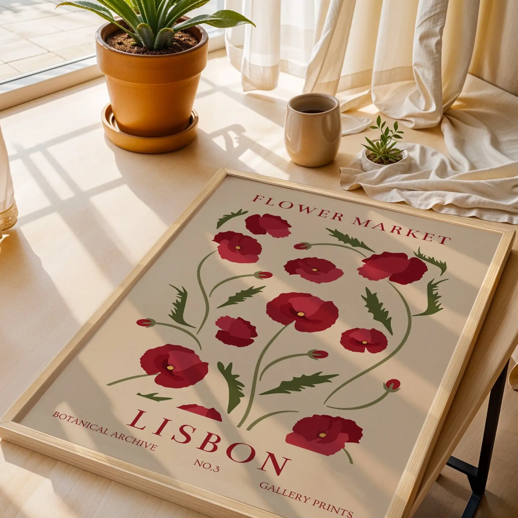 Lizbon Kırmızı Gelincik Doğal Ahşap Çerçeveli Tablo Poster Dekoratif Obje Ev Aksesuarları Modern
