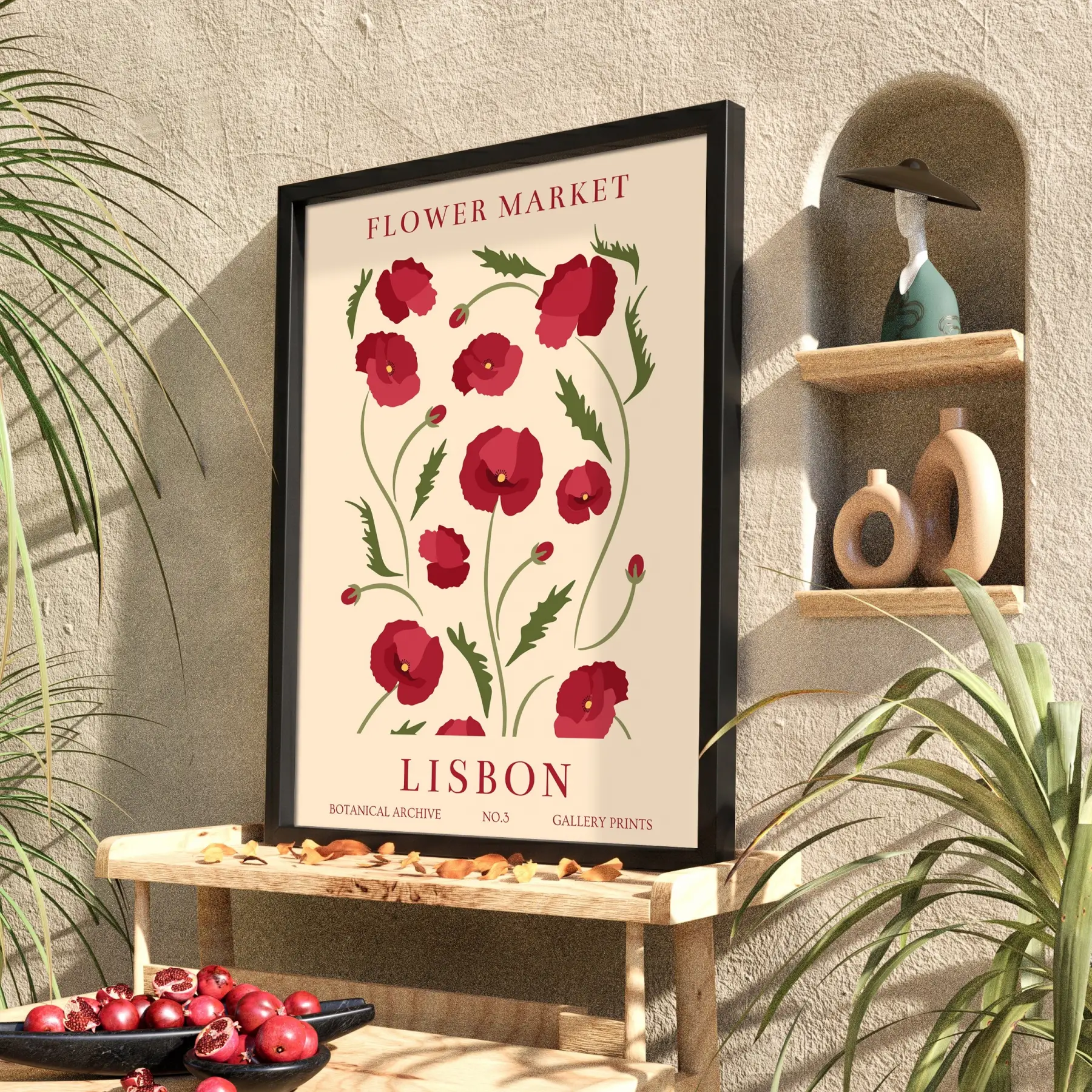 Lizbon Kırmızı Gelincik Siyah Ahşap Çerçeveli Tablo Ev Aksesuarları Modern Sanat İç Mekan